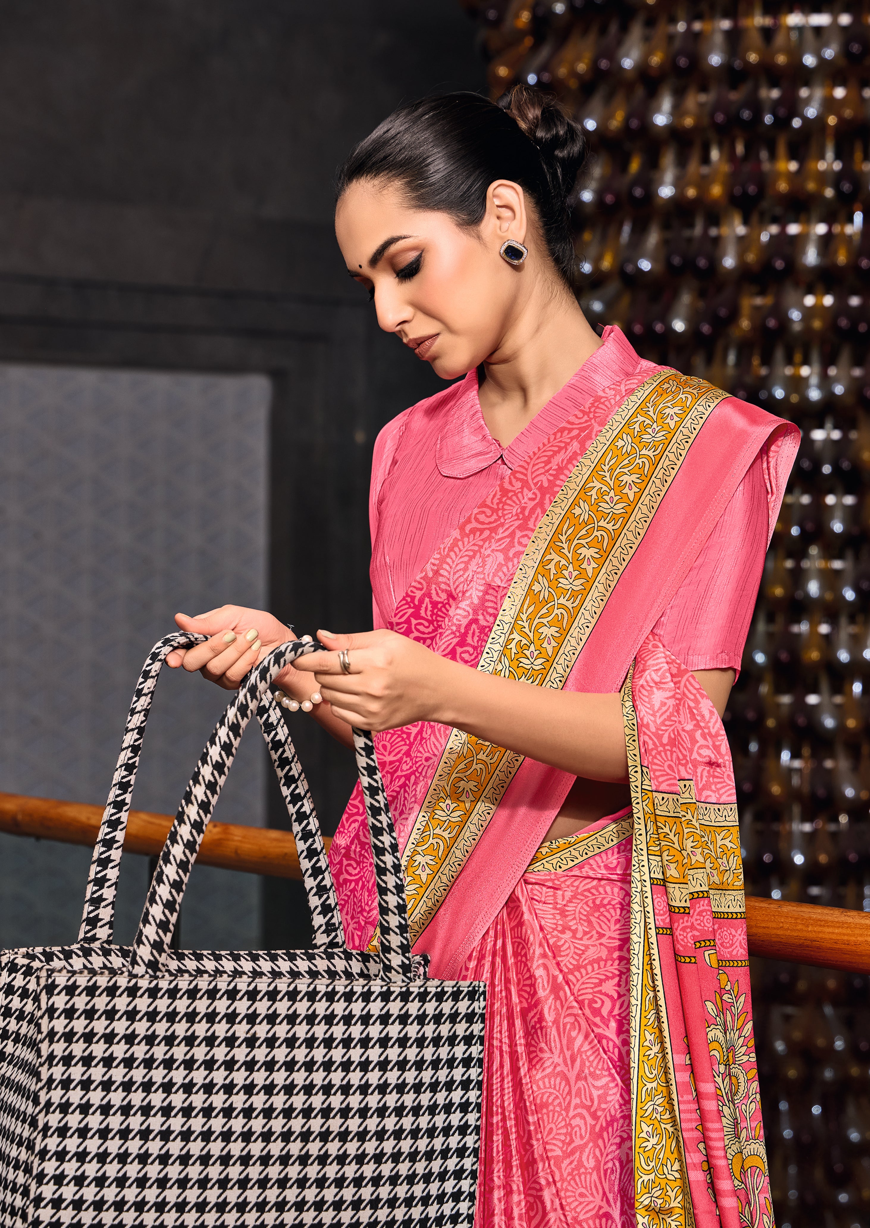 Silk Fabric Uniform Official Wear saree in peach colour under 1500