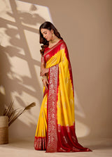 A yellow and red saree withPure Georgette Zari Faag Shadded Saree