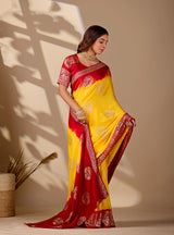 A yellow and red saree withPure Georgette Zari Faag Shadded Saree