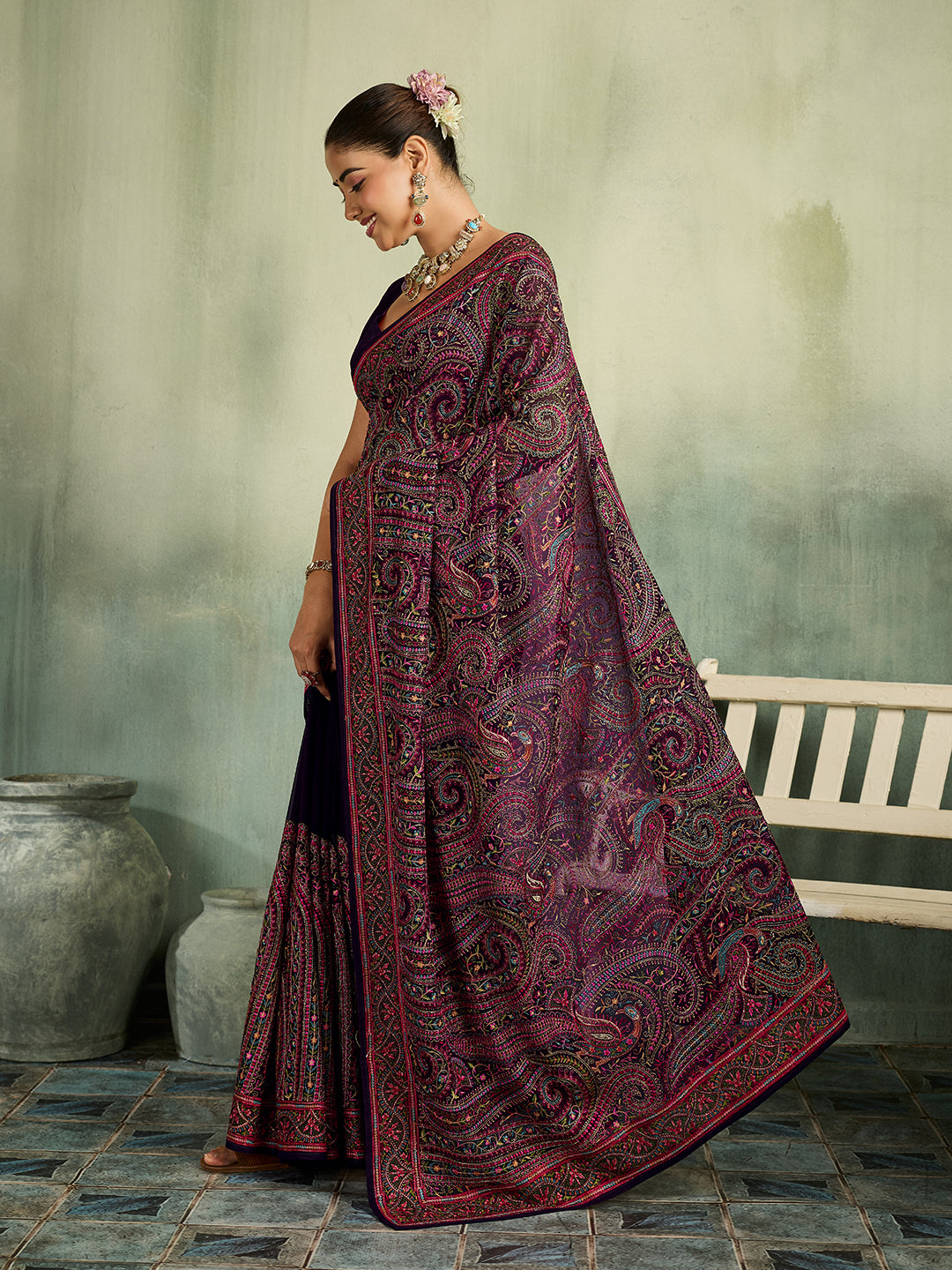 KcPc Premium Kashida Stone Work Sarees for WomenSHD