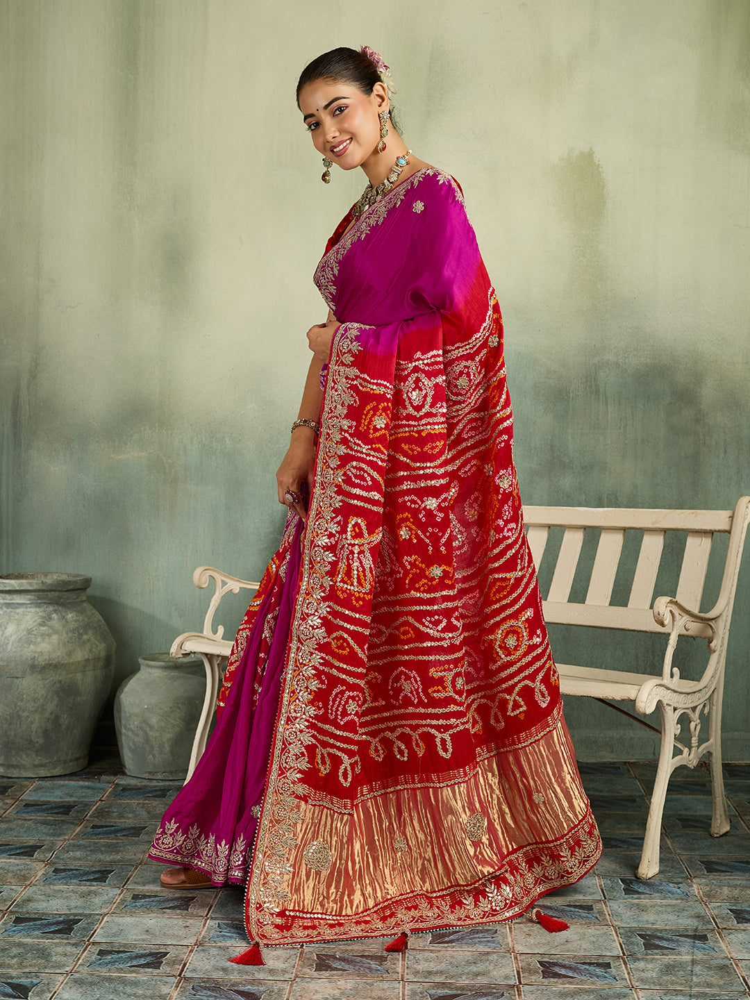 KcPc Designer Gaji Silk Bandhani Saree with Gota Patti AMT