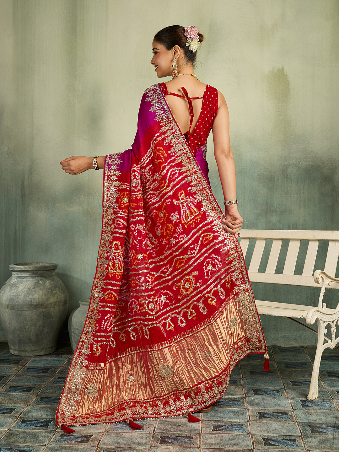 KcPc Designer Gaji Silk Bandhani Saree with Gota Patti AMT