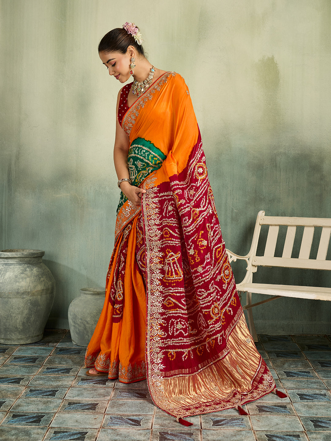 KcPc Premium Gaji Silk Bandhani Saree with Gota Patti WorkAMT