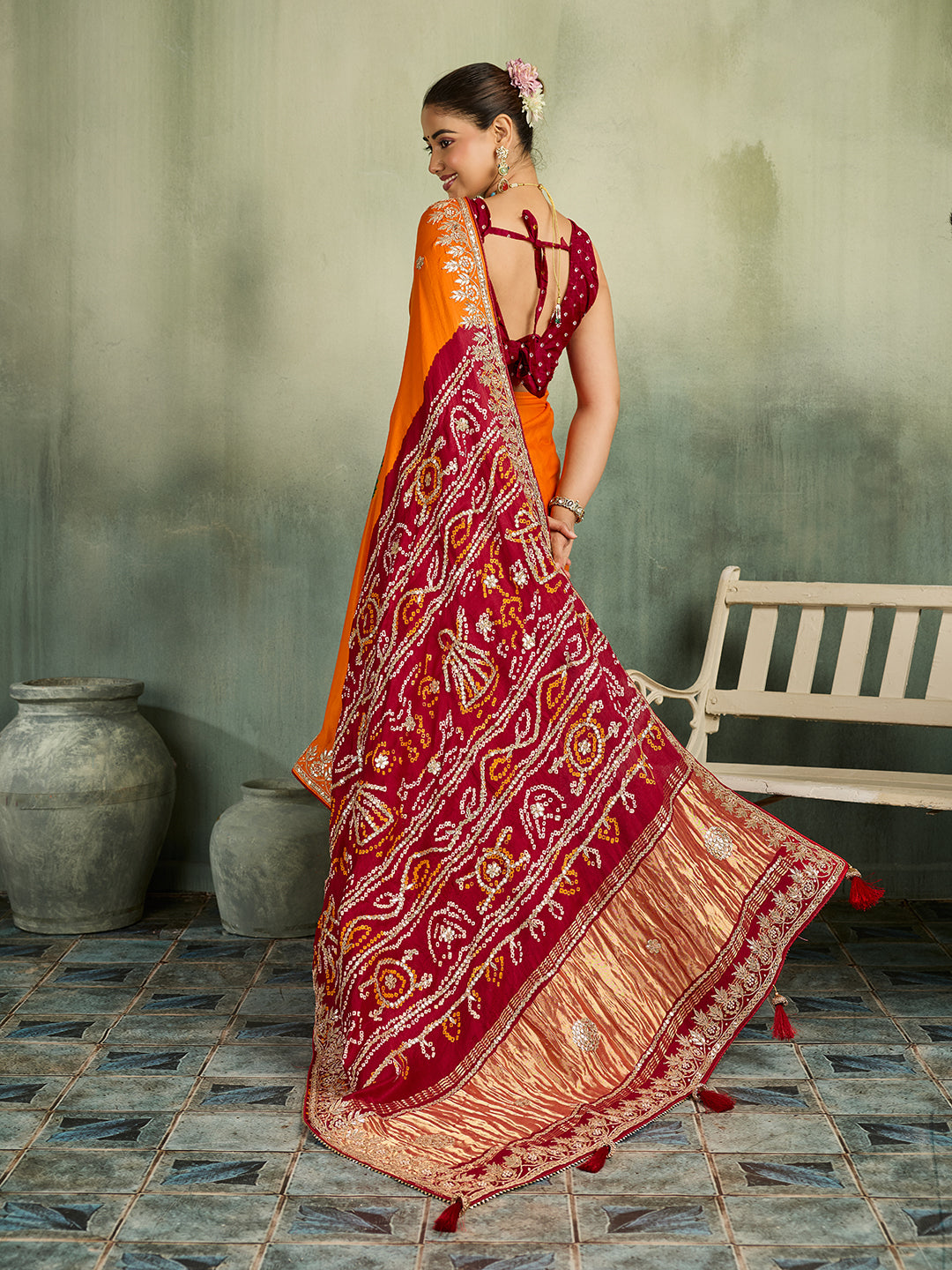 KcPc Premium Gaji Silk Bandhani Saree with Gota Patti WorkAMT