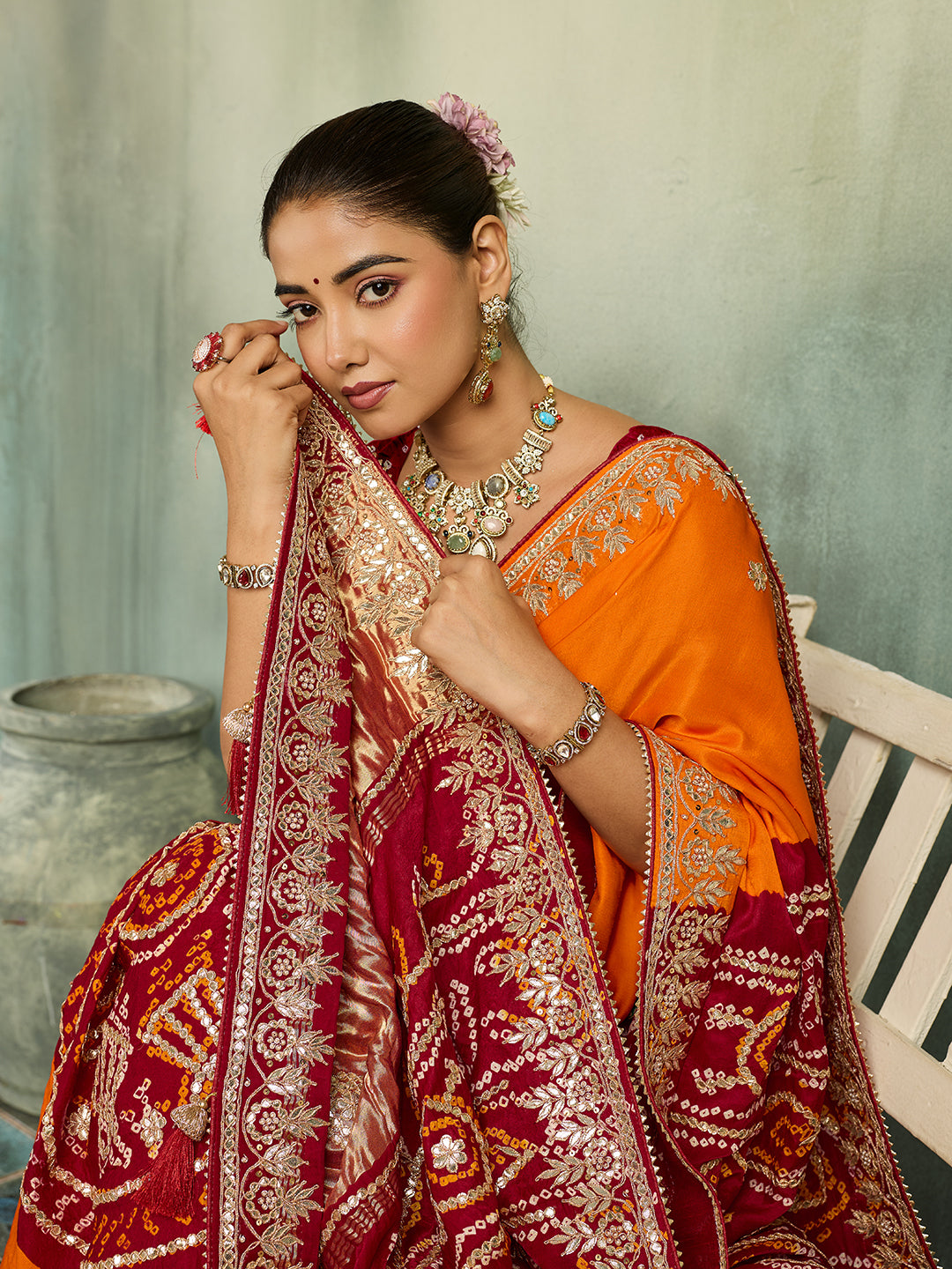KcPc Premium Gaji Silk Bandhani Saree with Gota Patti WorkAMT
