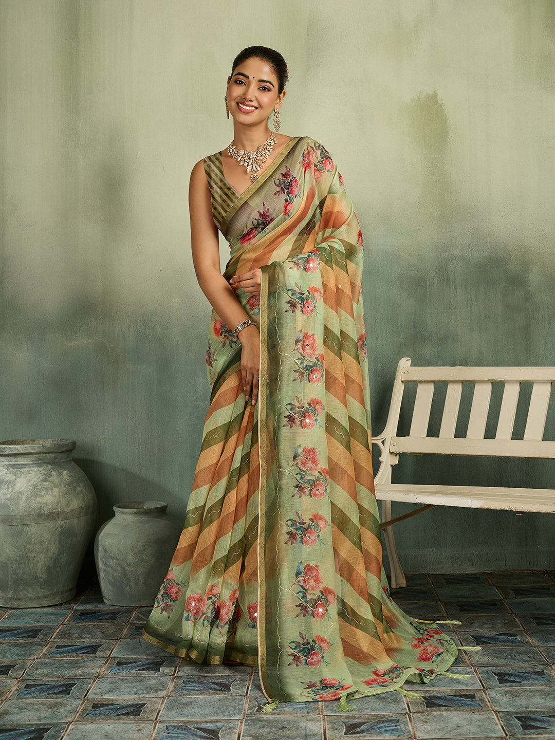 KcPc Premium Cotton Silk Leheriya Saree with Aari Tari Work Office Wear STL