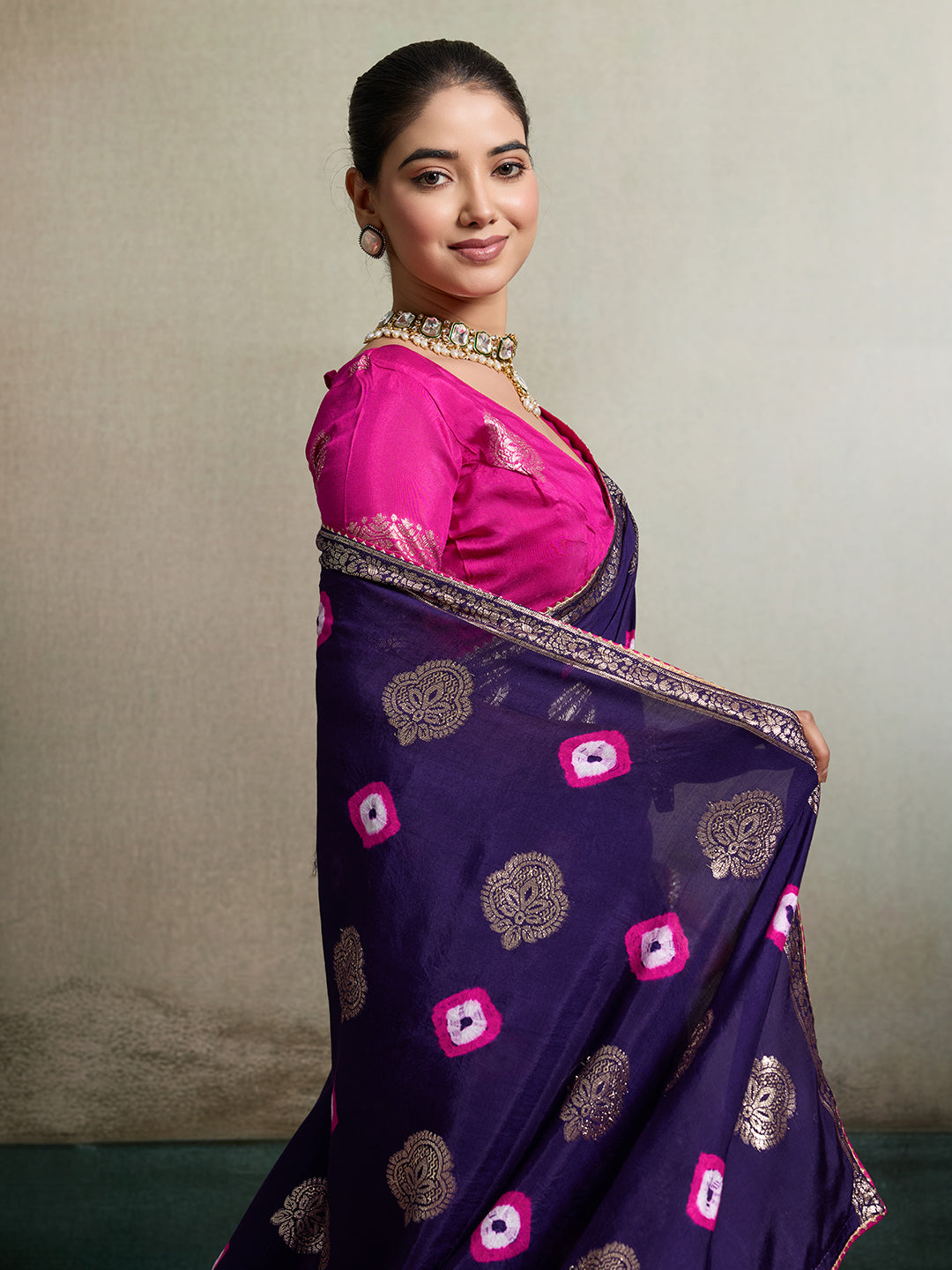 Purple and Pink Banarasi Silk Saree with Zari Woven Border