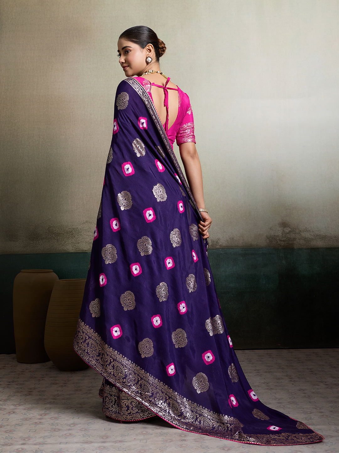 Purple and Pink Banarasi Silk Saree Back View with Pallu Drape
