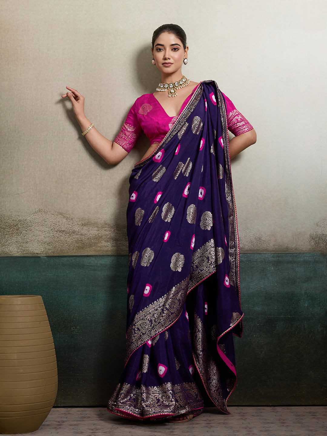 Purple and Pink Banarasi Silk Saree Full Drape for Party Wear