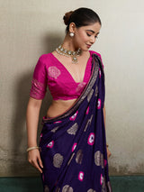 Purple Banarasi Silk Saree Pallu with Gold Zari Buti and Pink Motifs