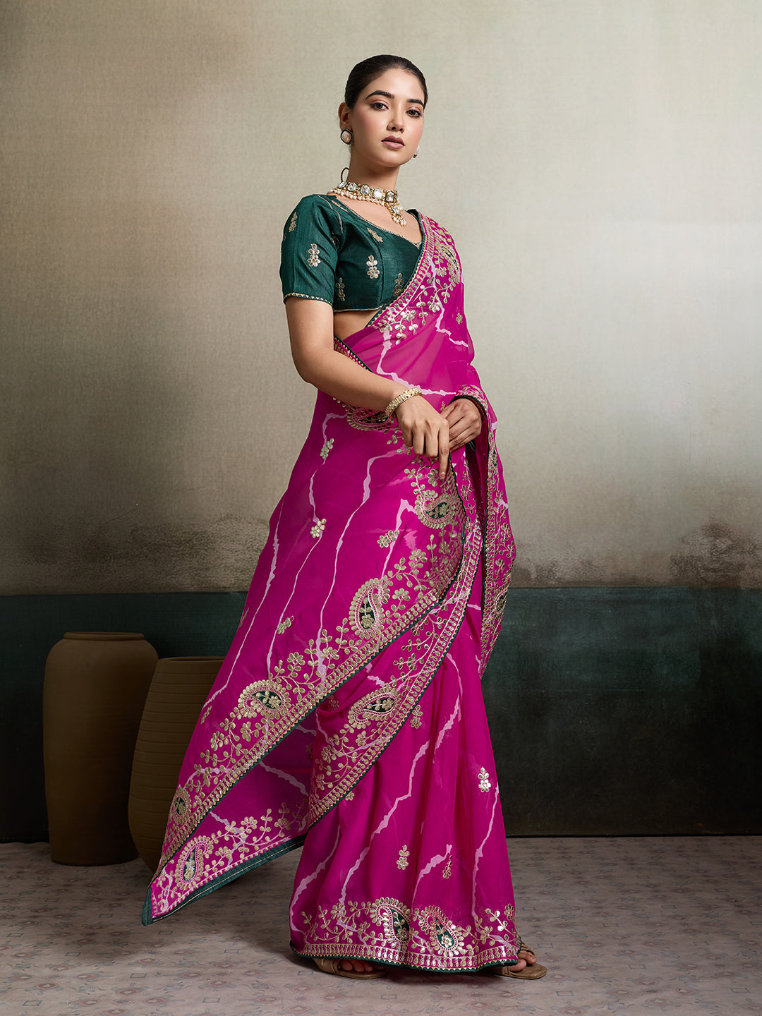 KcPc 60-60 Georgette Leheriya With Embroidery Gota patti Work SareeSANA