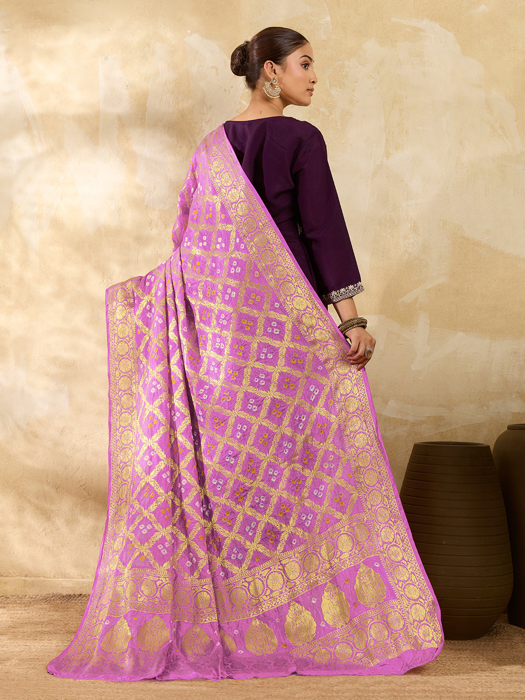 KcPc New Beautiful Jacquard Silk Bandhani Dupatta with Handmade Work