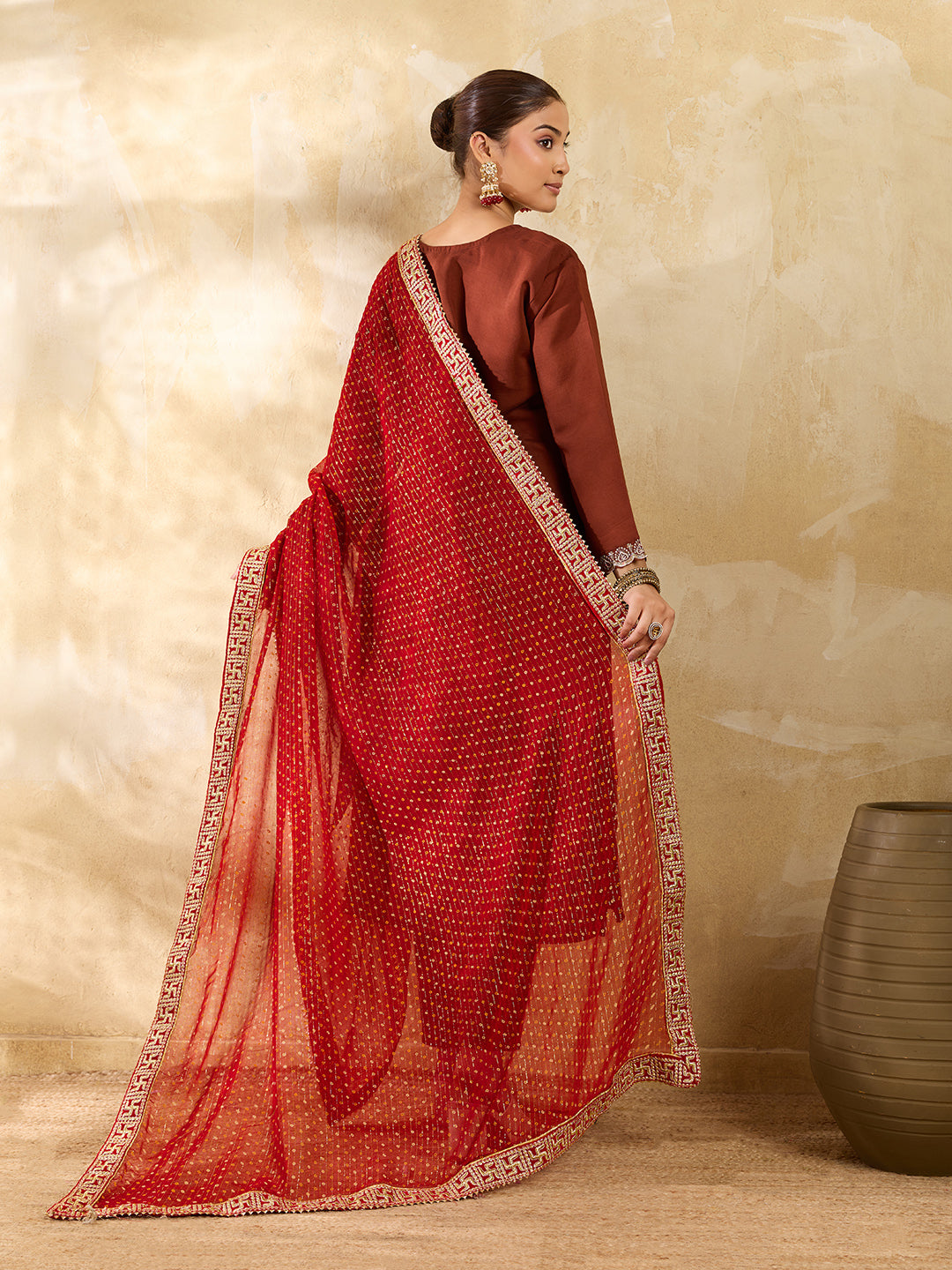 KcPc Traditional Bandhani Style Georgette Dupatta Swastik Border Special KKPRKS