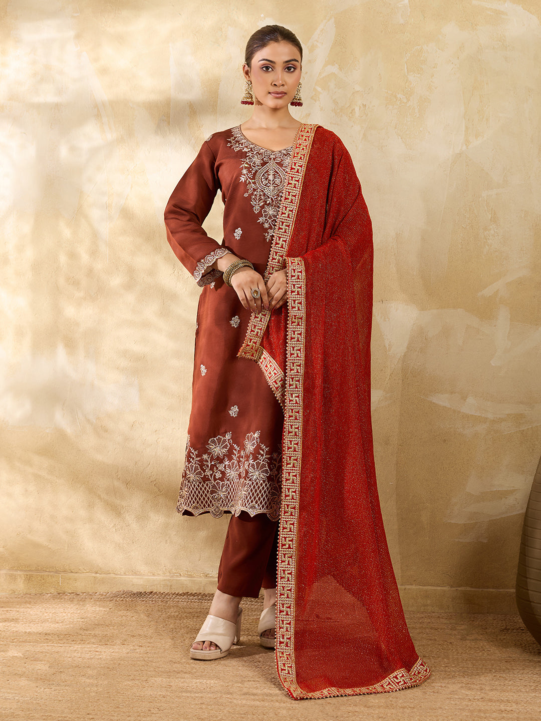 KcPc Festive Georgette Bandhani Dupatta with Elegant Swastik BorderKKPRKS