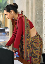 red and multicolor crepe silk saree with a geometric pattern and a red blouse under 1500