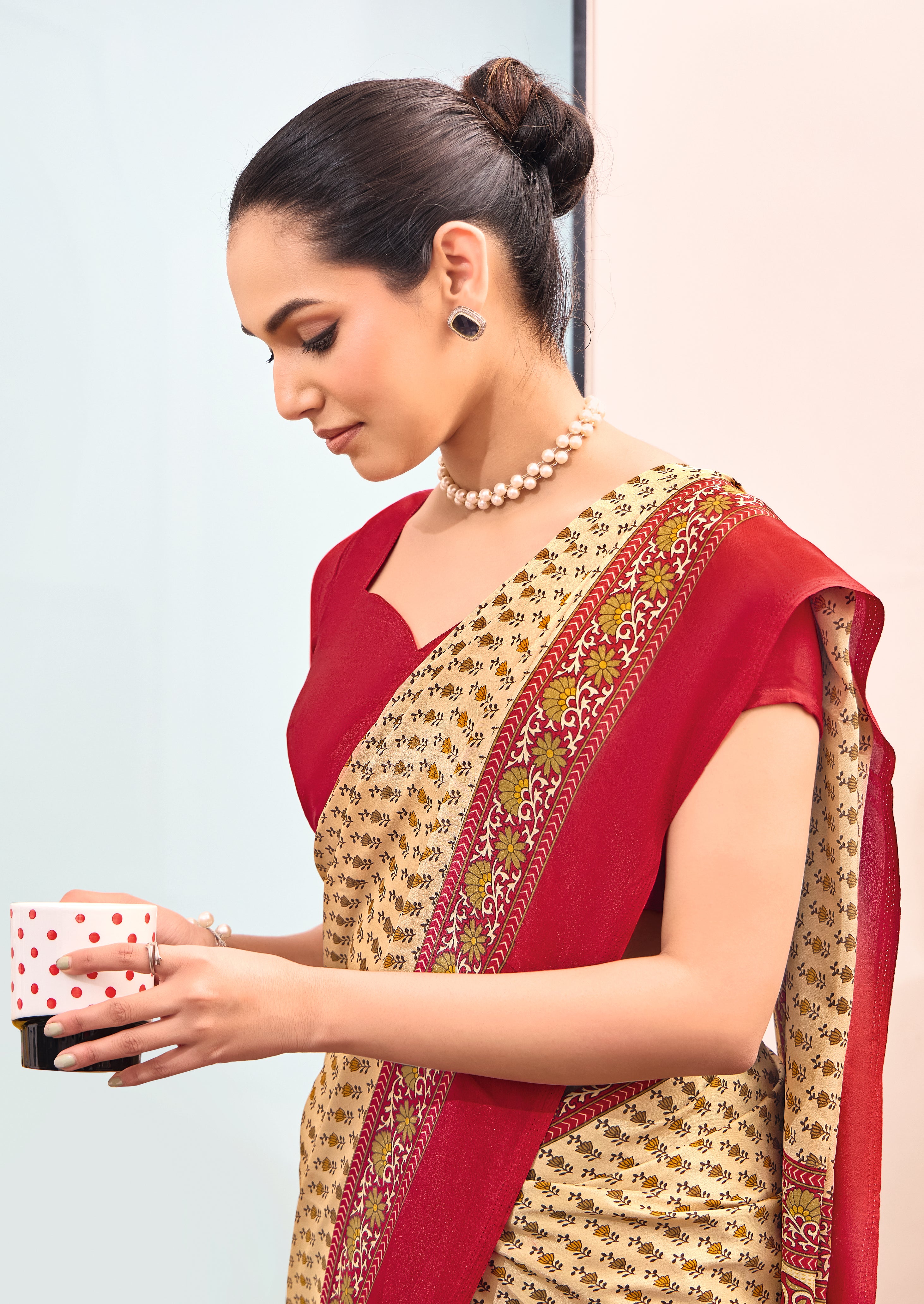 Silk Fabric Uniform Official Wear saree in red colour border under 1500