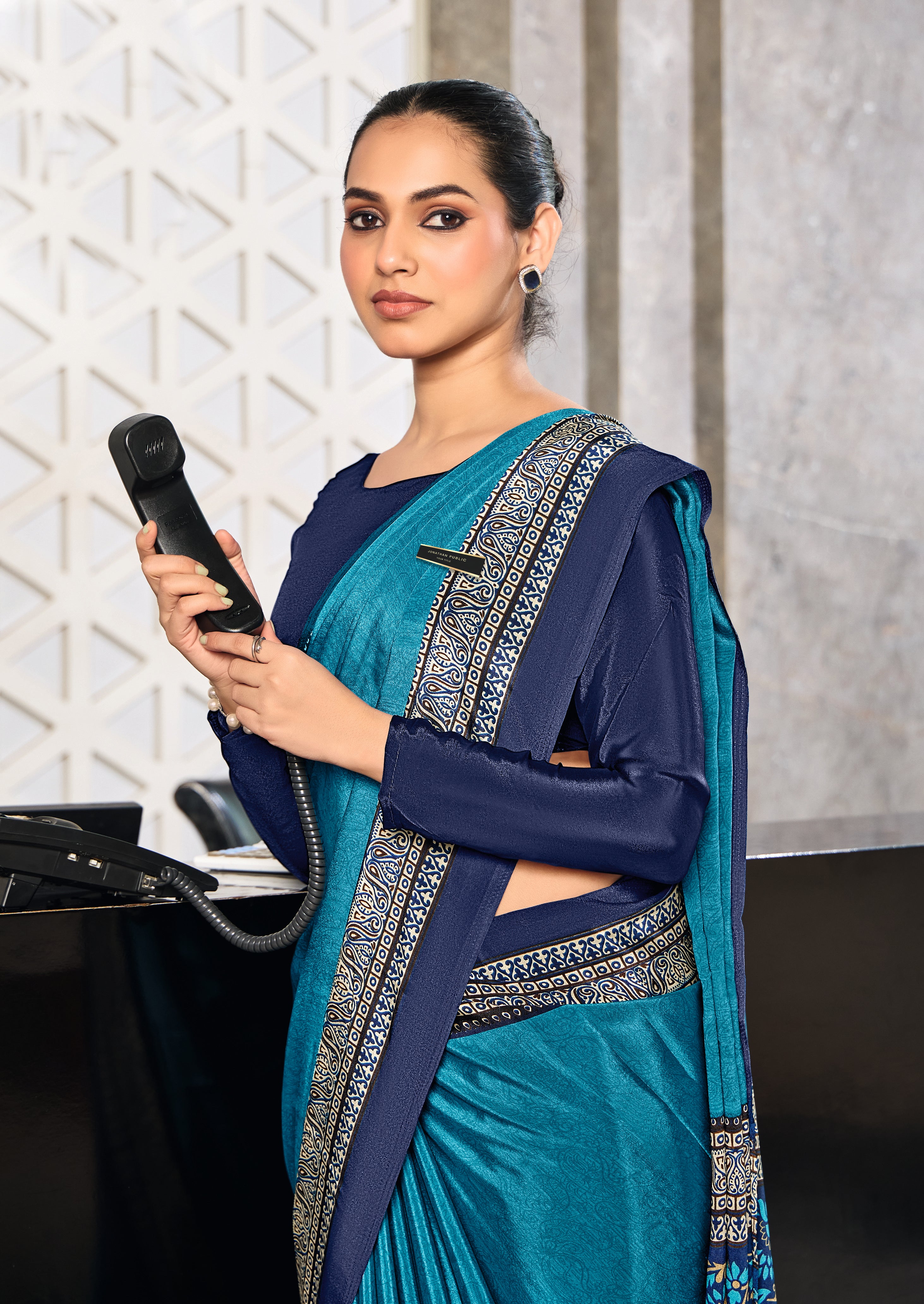 blue crepe silk saree with a geometric pattern under 1500