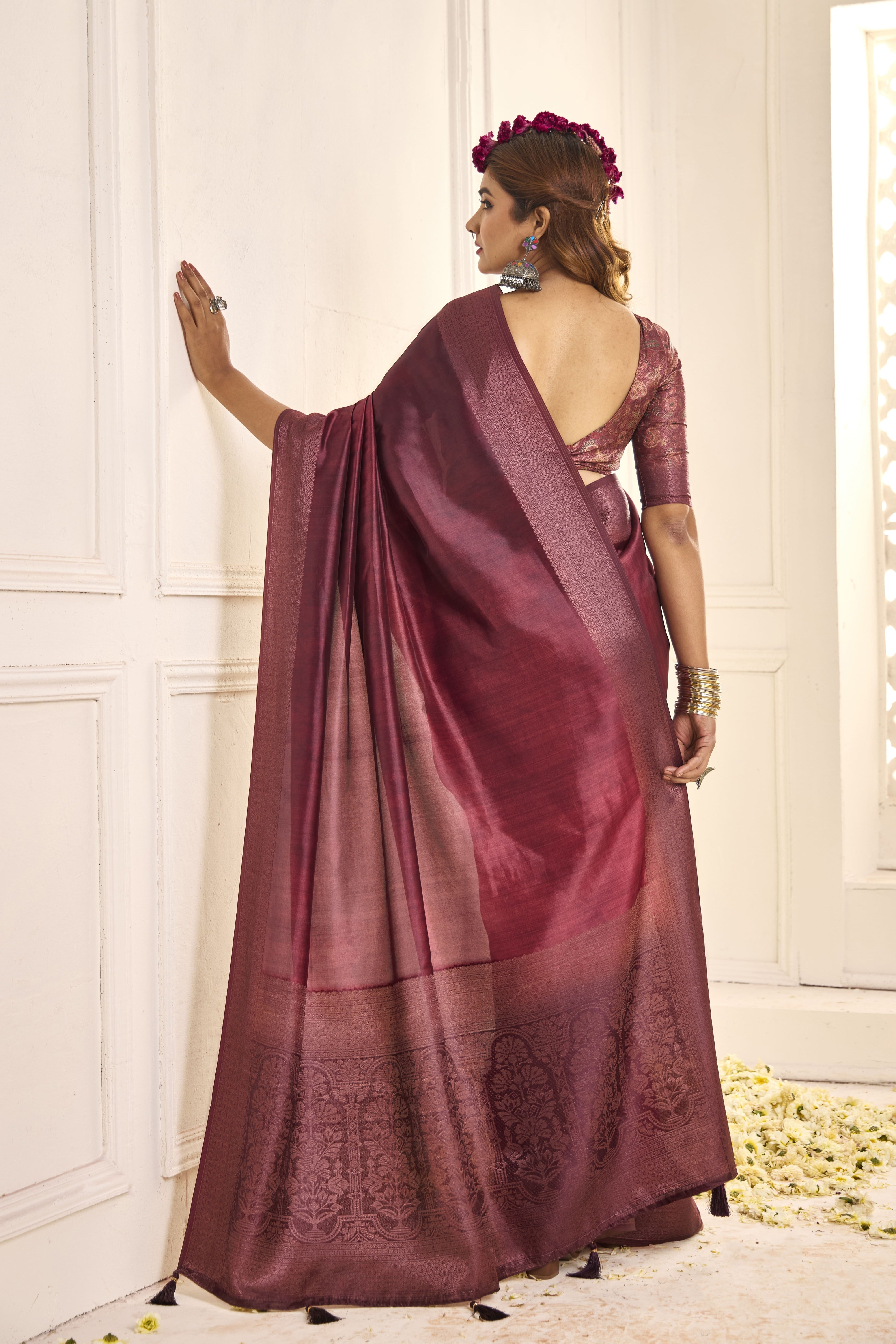 Awine red Banarasi style tissue silk saree