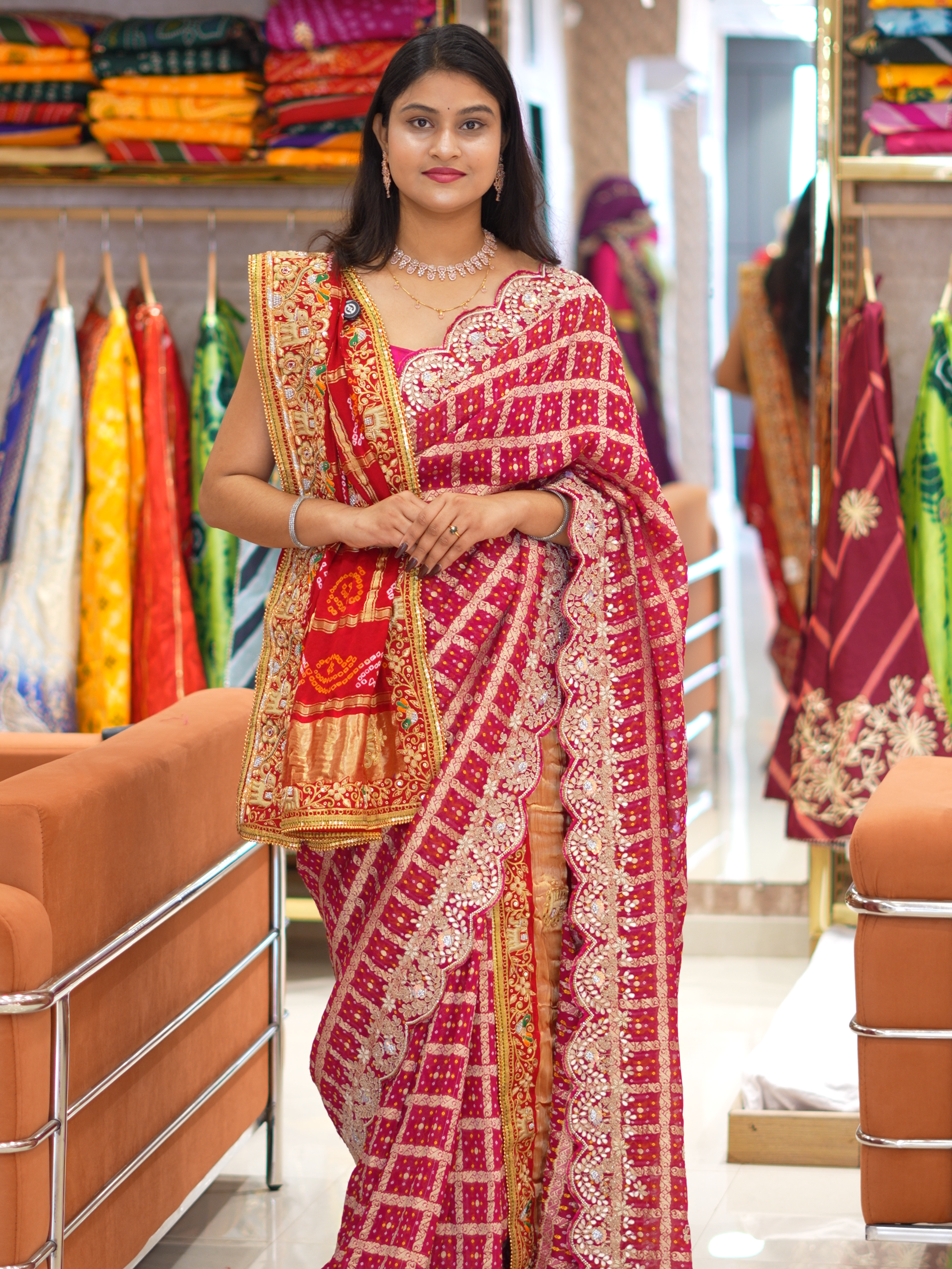 KcPc Ethnic Trending Pure Gaji Silk Bandhani Ghatchola Chunri Pila Odhna in Aara Tari Handwork Chunri (Red)