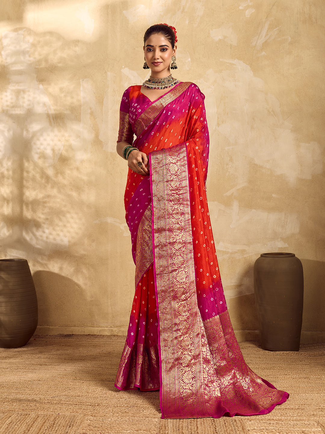 Viscos Silk Bandhani With Zari Border Saree under 2000