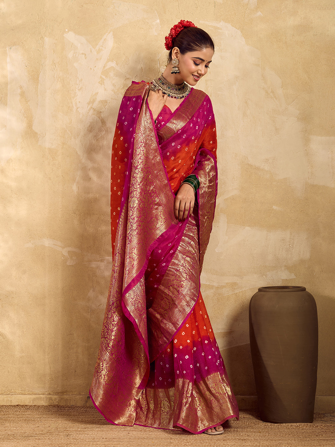 Viscos Silk Bandhani With Zari Border Saree under 2000