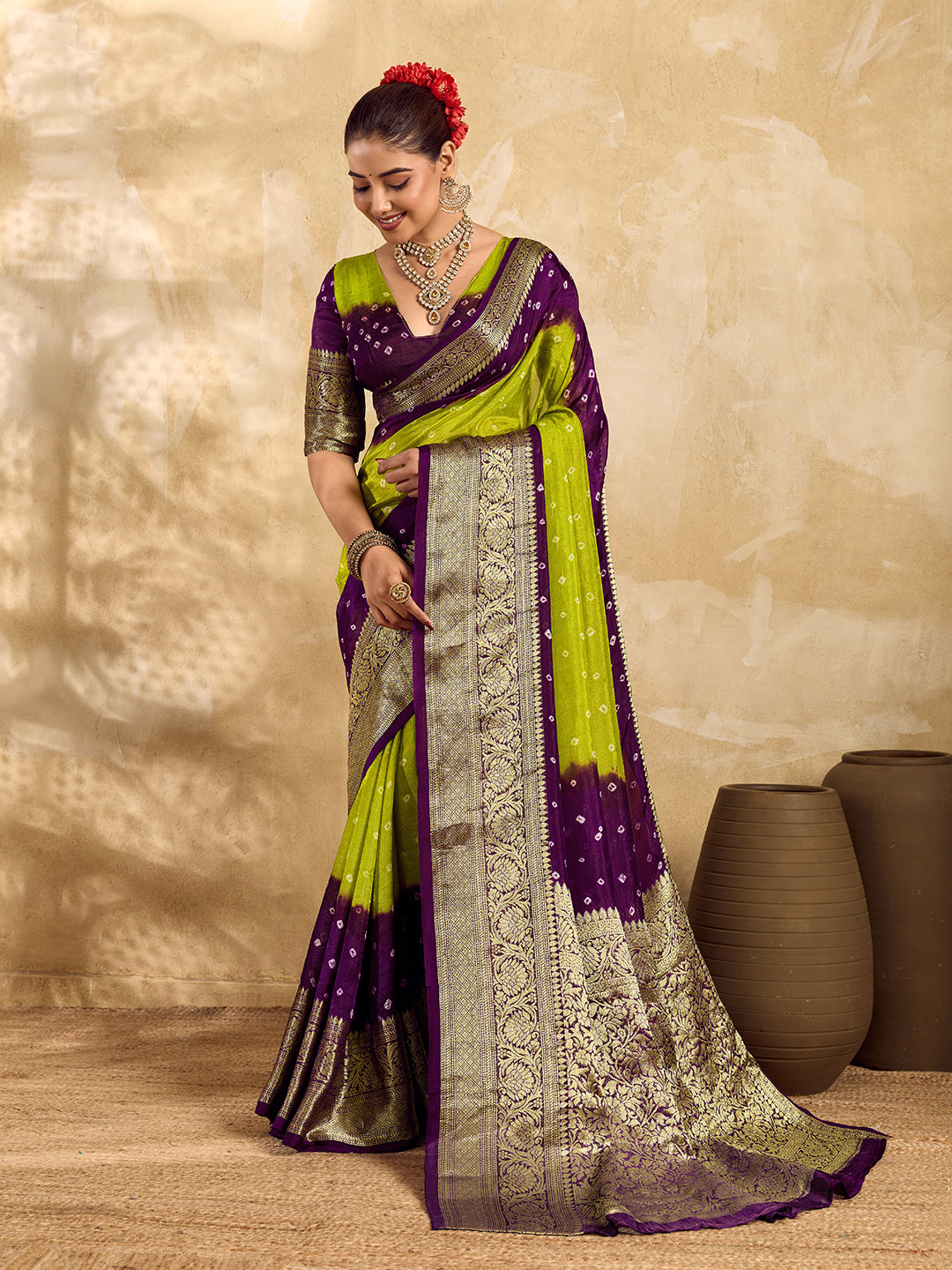 BuyViscos Silk Bandhani Saree With Zari Border under 2000