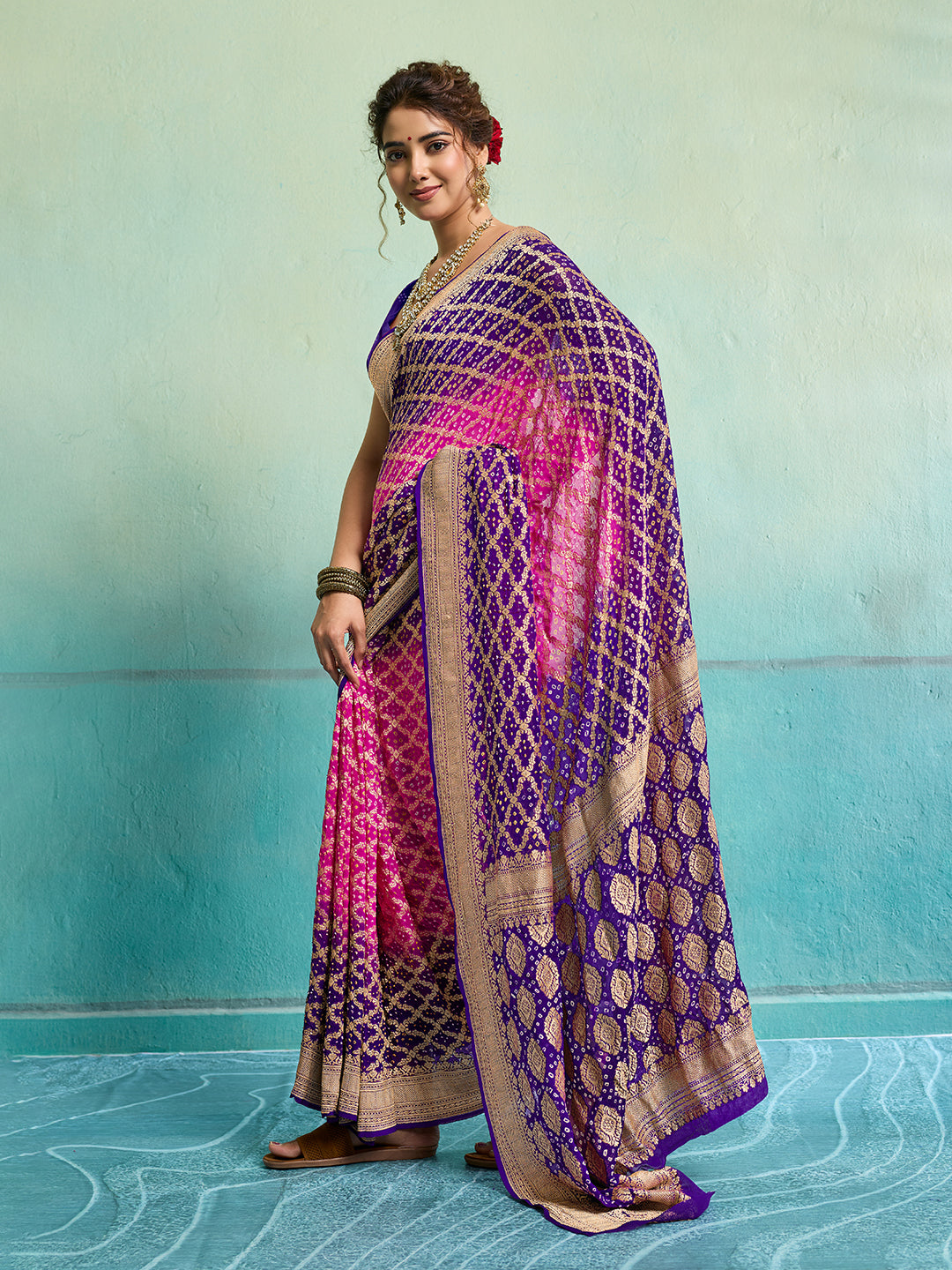 KcPc New Launch Pure Khaddi Georgette Upada Neemzari Bandhej SareePink Purple