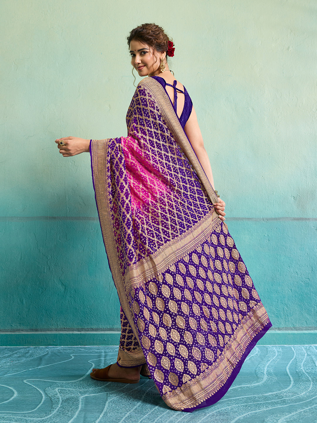 KcPc New Launch Pure Khaddi Georgette Upada Neemzari Bandhej SareePink Purple