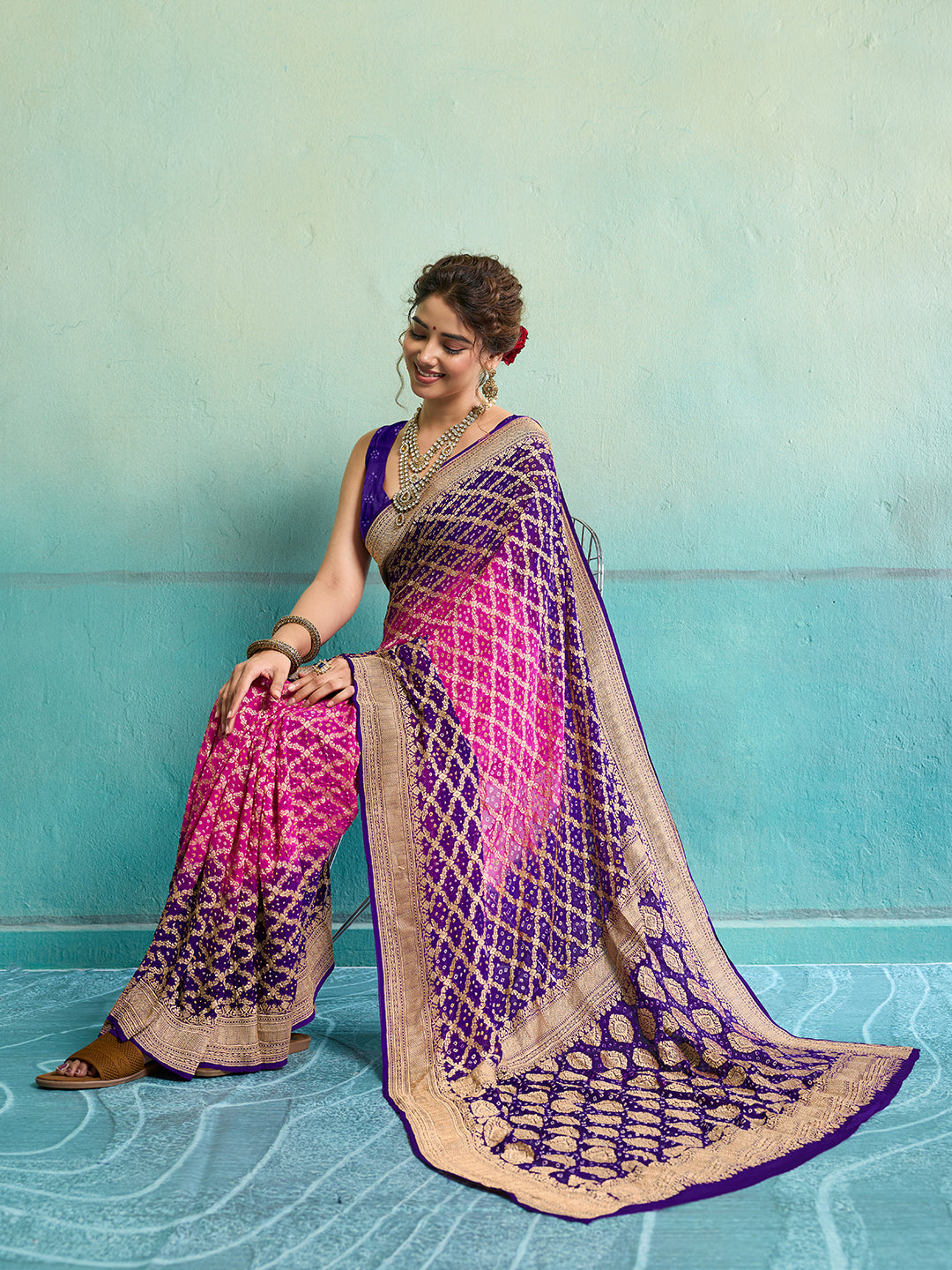 KcPc New Launch Pure Khaddi Georgette Upada Neemzari Bandhej SareePink Purple
