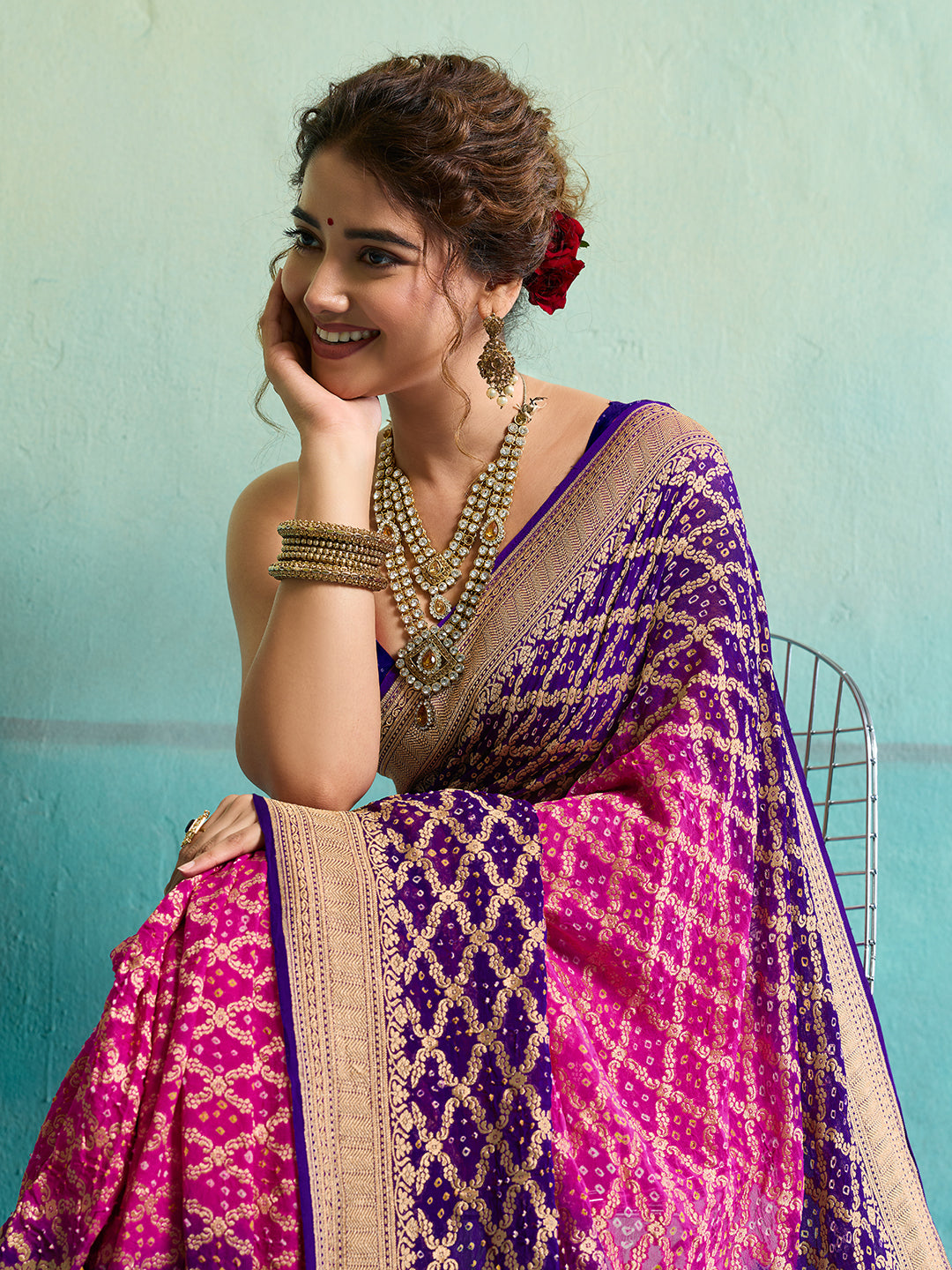 KcPc New Launch Pure Khaddi Georgette Upada Neemzari Bandhej SareePink Purple