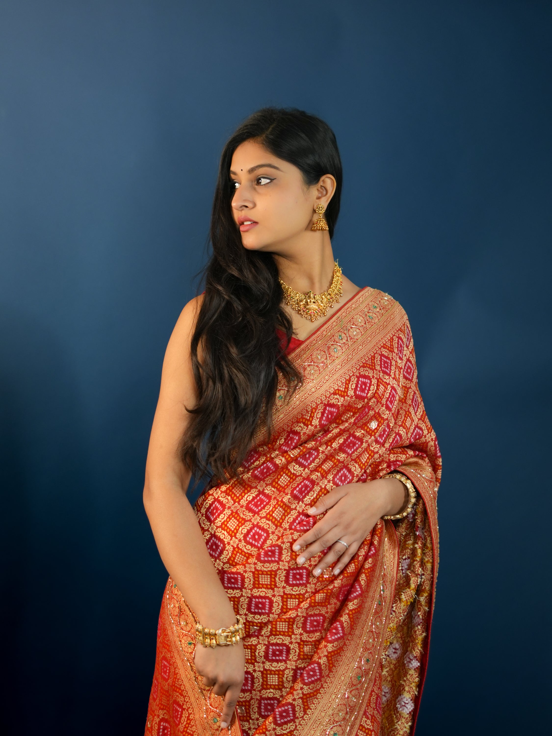 Pure Gorgette BandhaniStyle With Kalkata Zardoji Work Saree inspired by deepika padukone