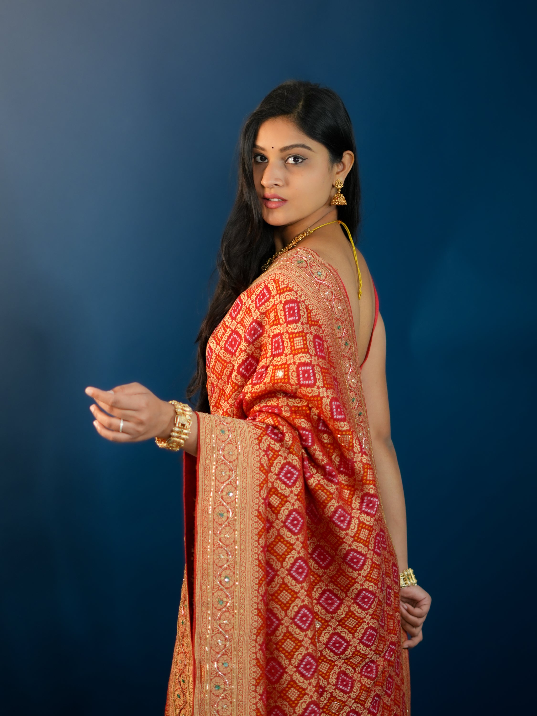 Pure Gorgette BandhaniStyle With Kalkata Zardoji Work Saree inspired by deepika padukone