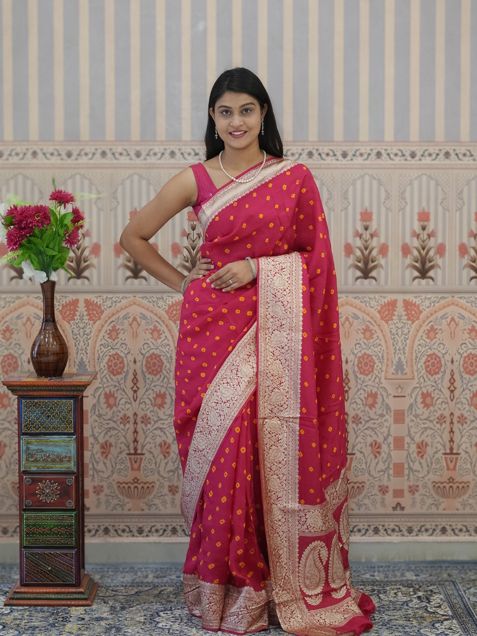 Buy Chinon Bandhani Style Saree Kcpc