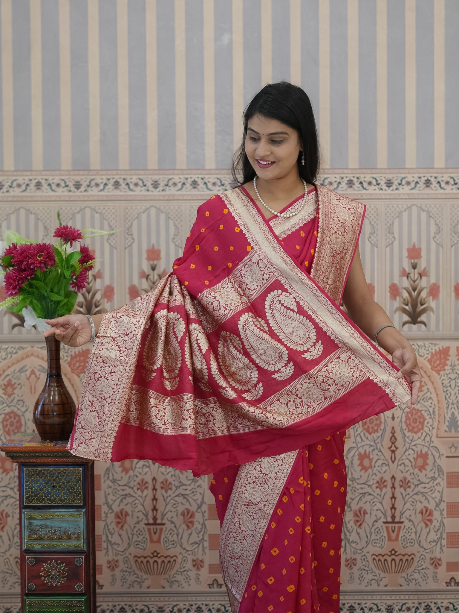Buy Chinon Bandhani Style Saree Kcpc