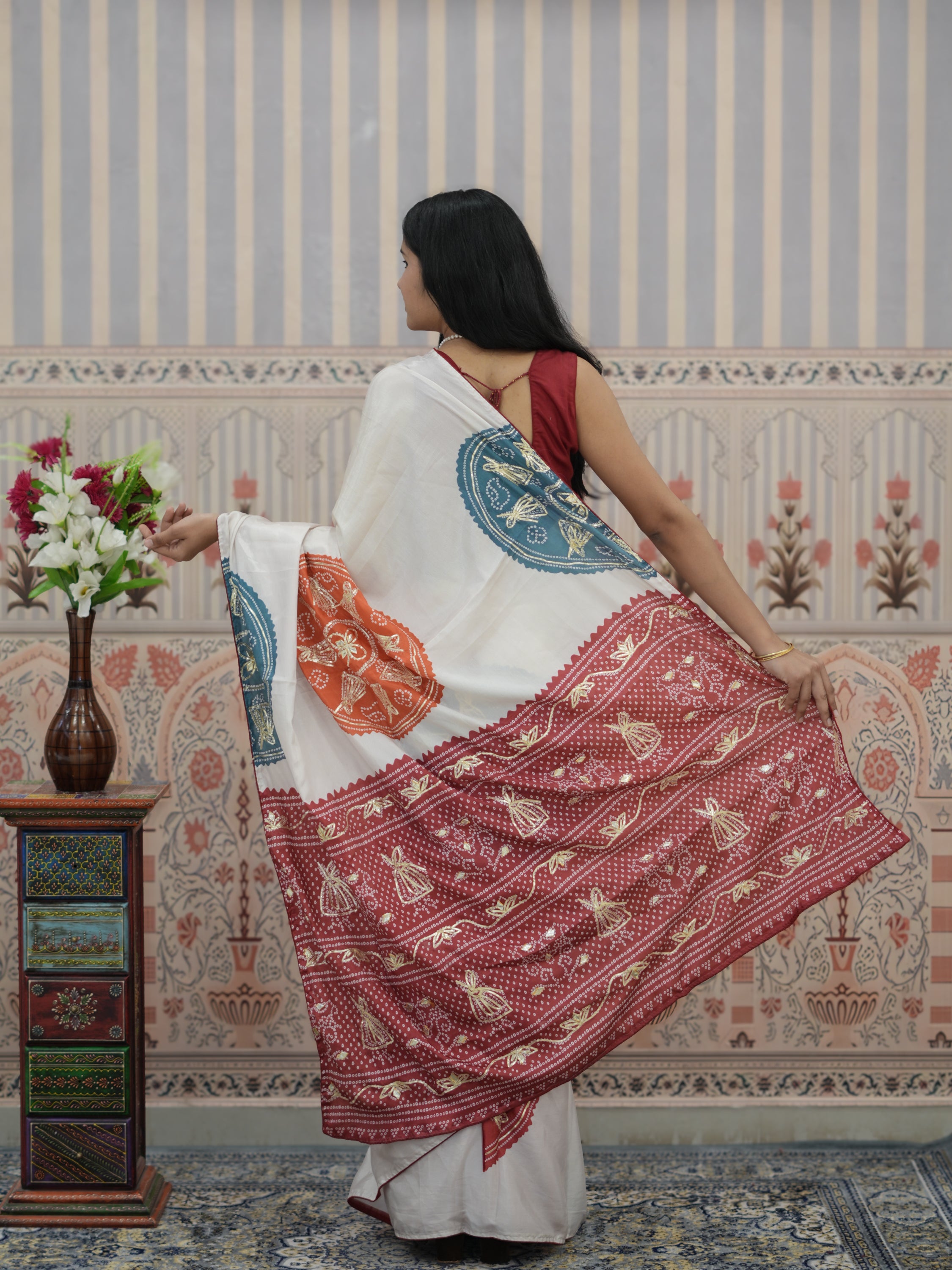 KcPc New Crepe Silk Bandhani Saree with Elegant Gota Patti Work Perfect for Festive WearANJ