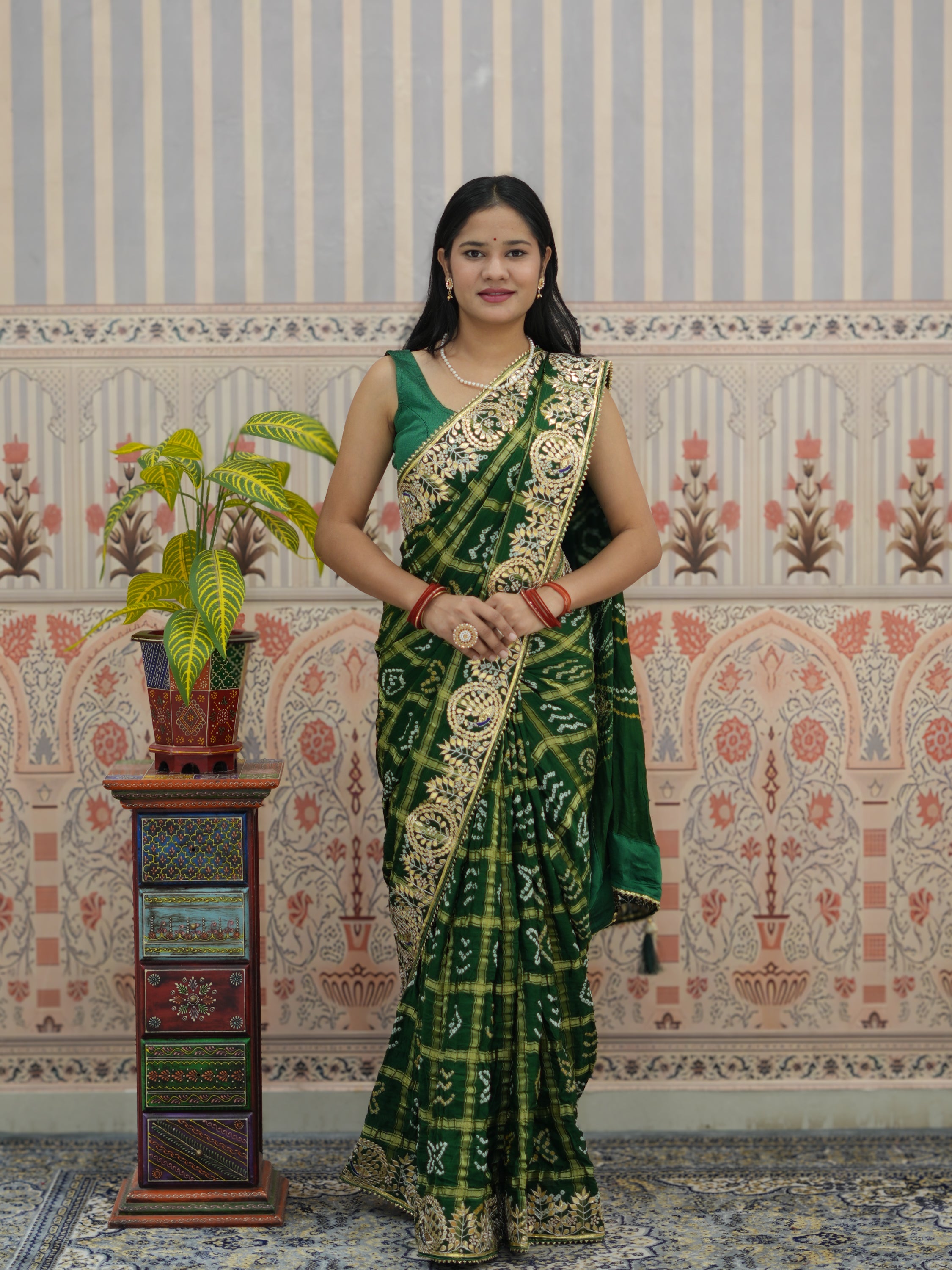 Buy Pure Gaji Silk Bandhani Ghatchola Gotapatti Saree Kcpc