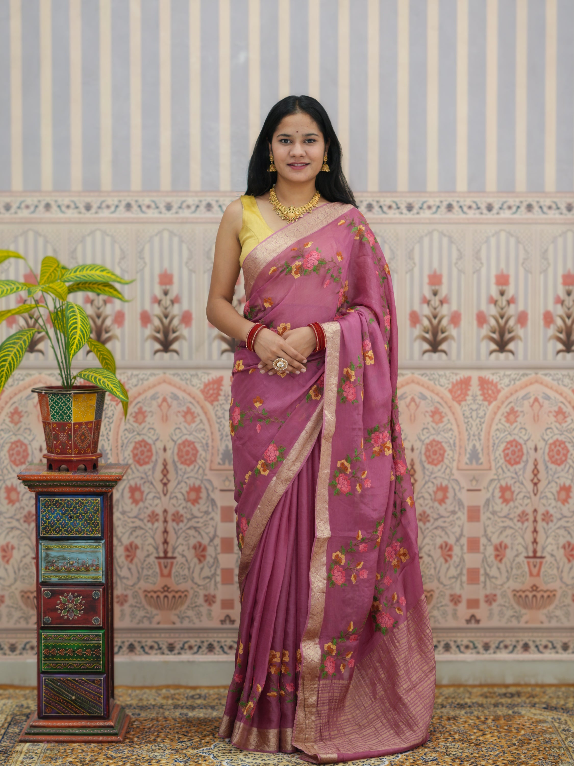Buy Chinon Silk Saree With Festive Wear Kcpc