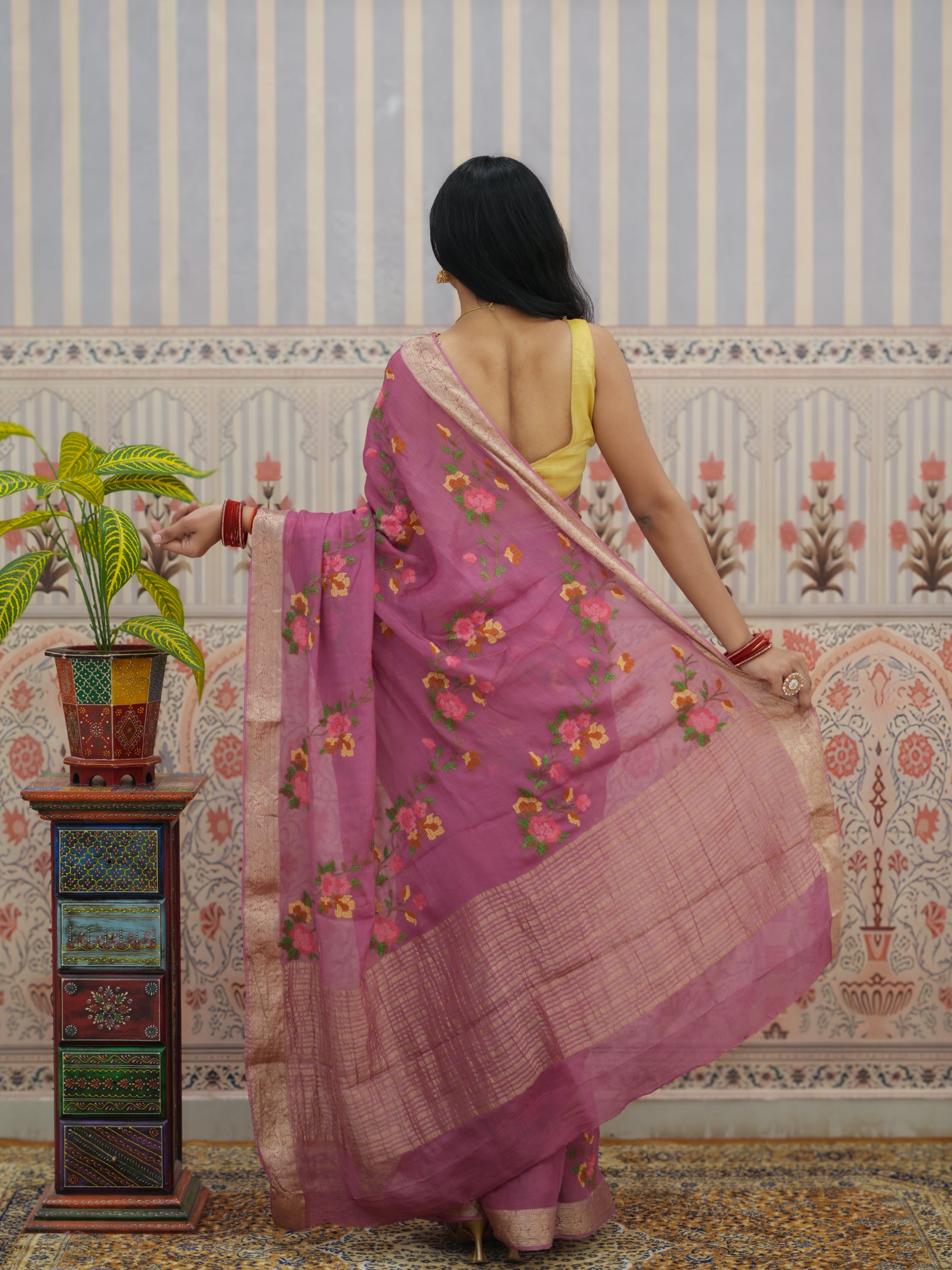Buy Chinon Silk Saree With Festive Wear Kcpc