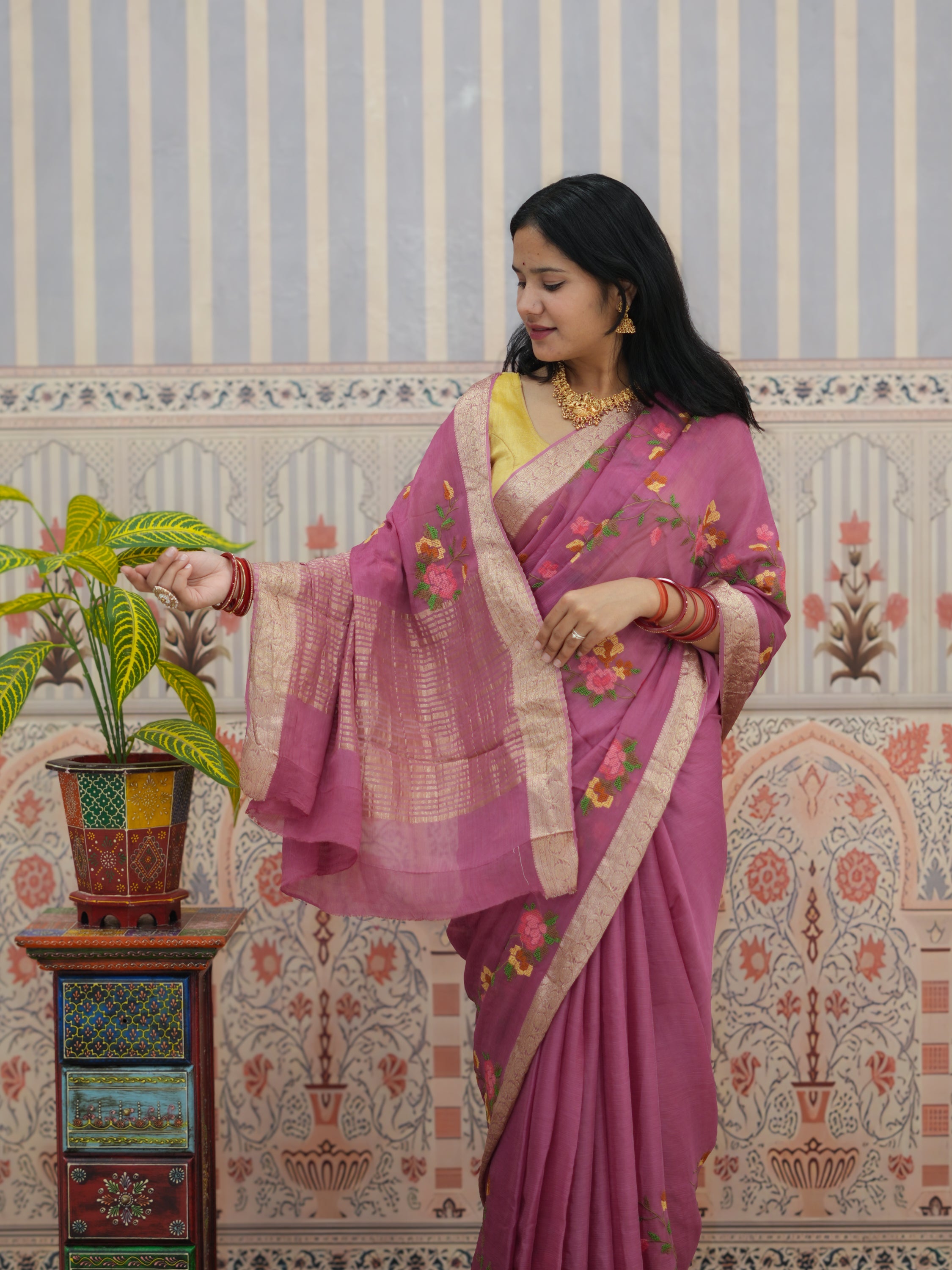 Buy Chinon Silk Saree With Festive Wear Kcpc