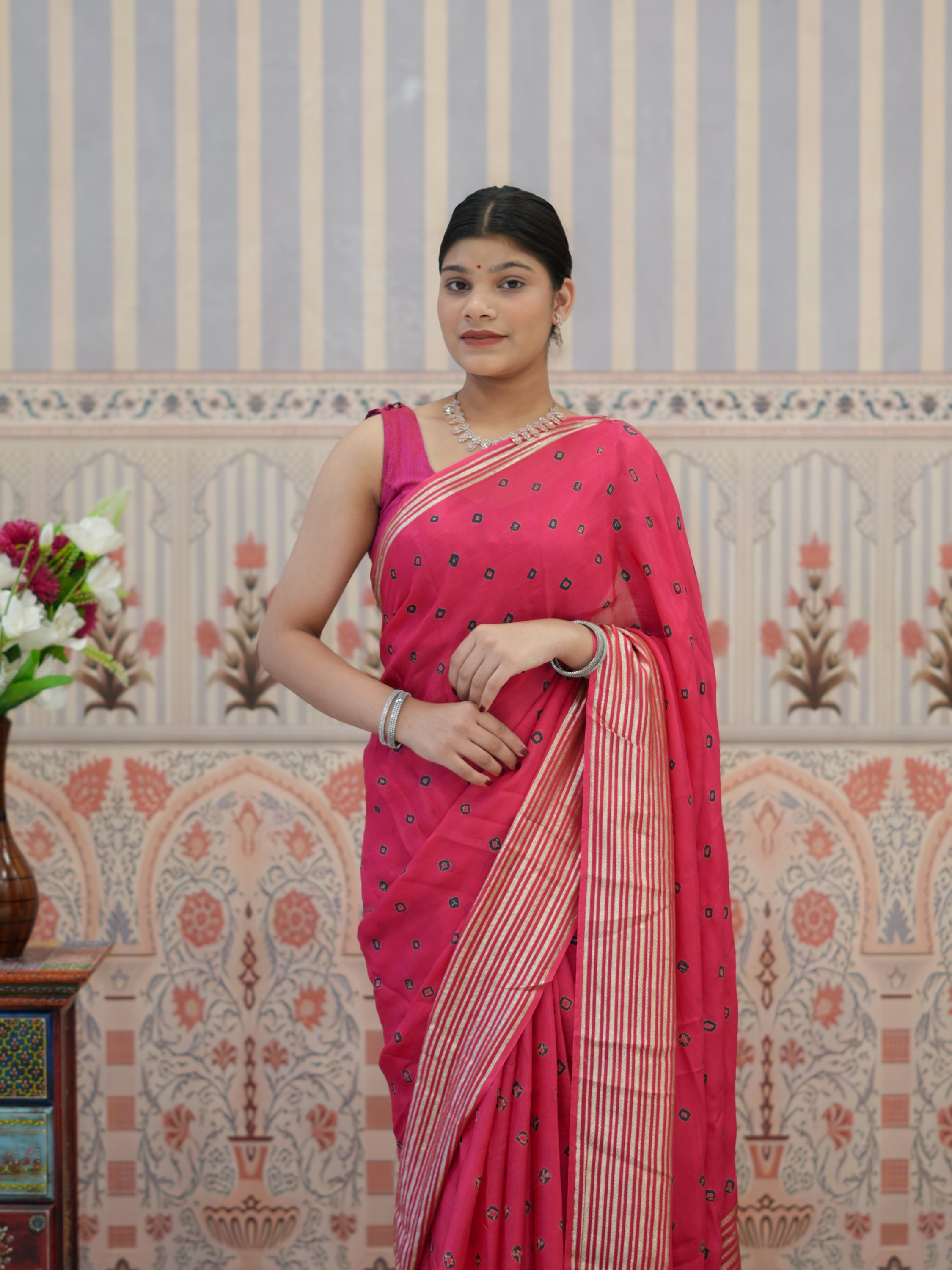 Buy Chinon Silk With Bandhani Saree Kcpc