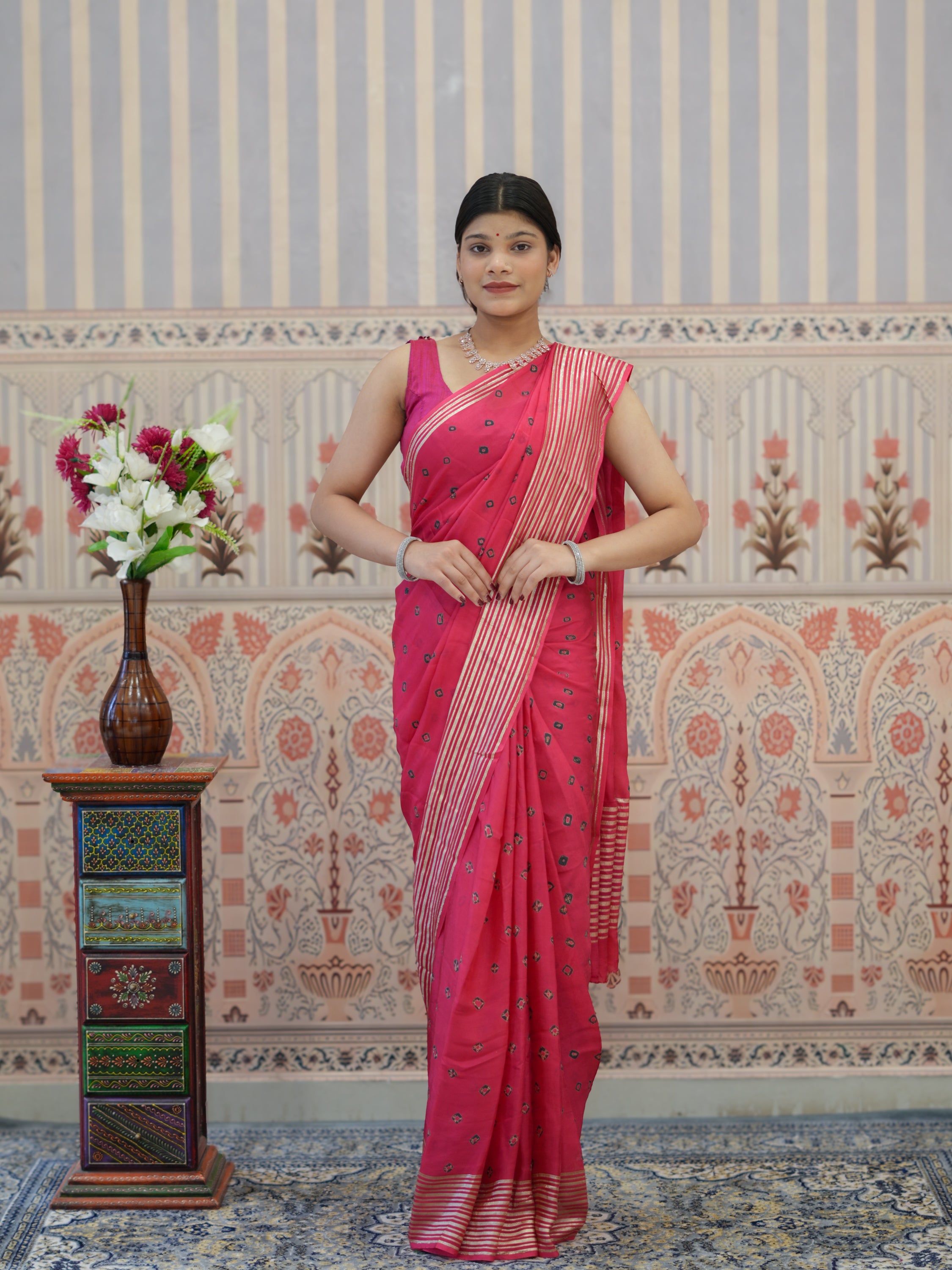 Buy Chinon Silk With Bandhani Saree Kcpc