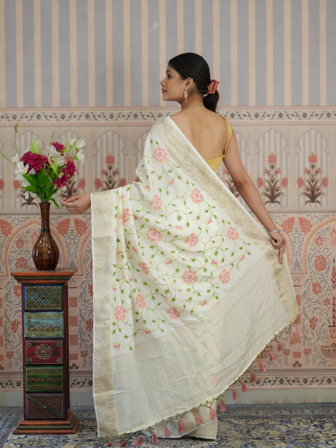 Buy Silk Banarasi Style With Kashida Work Saree in white colour