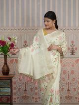 Buy Silk Banarasi Style With Kashida Work Saree in white colour