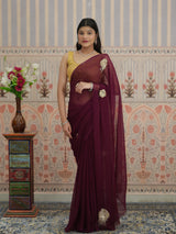 KcPc Pure Chiffon Jaipuri Saree Zari Sequence Rose Buta Work Saree VND Wine