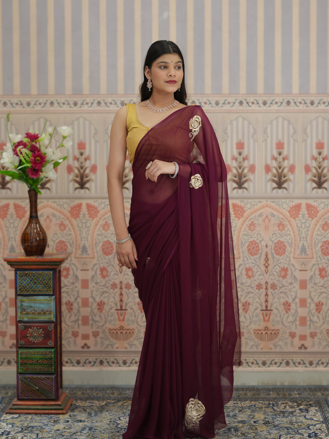 KcPc Pure Chiffon Jaipuri Saree Zari Sequence Rose Buta Work Saree VND Wine