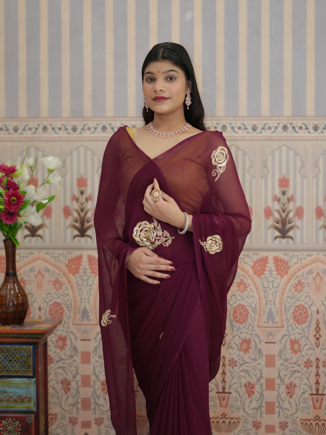 KcPc Pure Chiffon Jaipuri Saree Zari Sequence Rose Buta Work Saree VND Wine