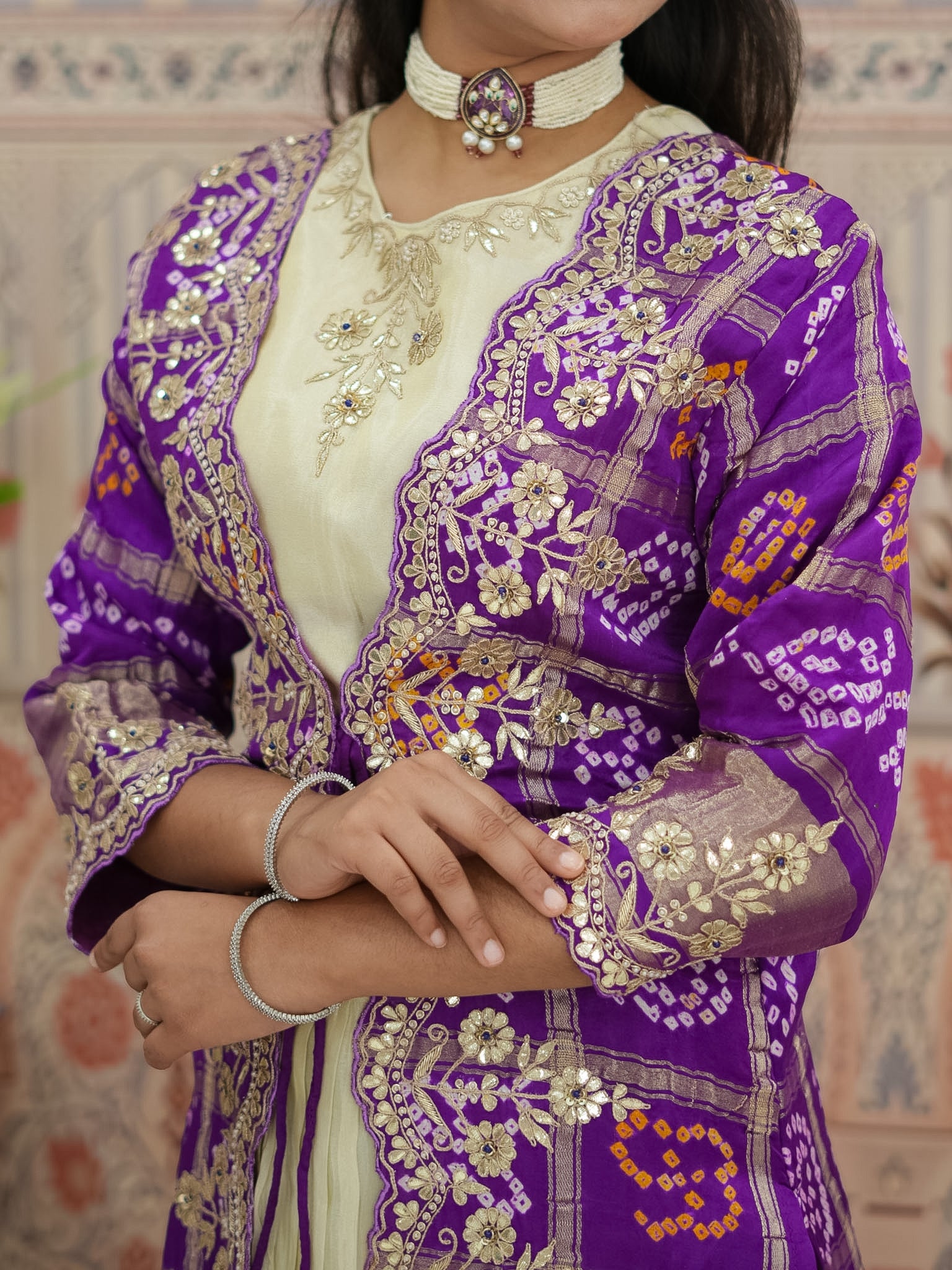 KcPc Upada Silk Bandhani Indo-Western Lehenga with Gota Patti Work MEG