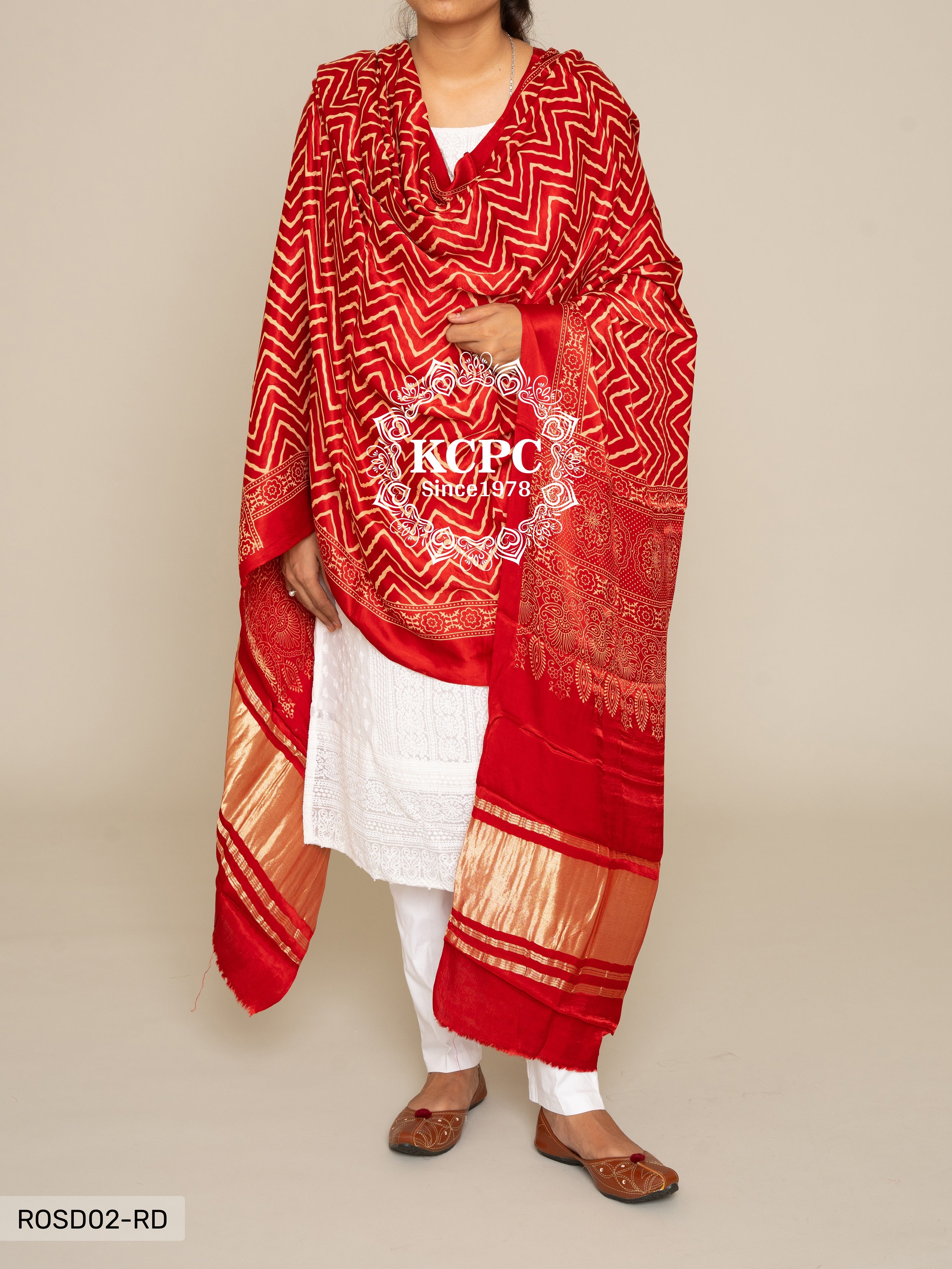 Gaji Silk Ajrakh Print Zig Zag Lagdi Patta Dupattas For Heavy Dresses And Lehengas Or Kcpc Red