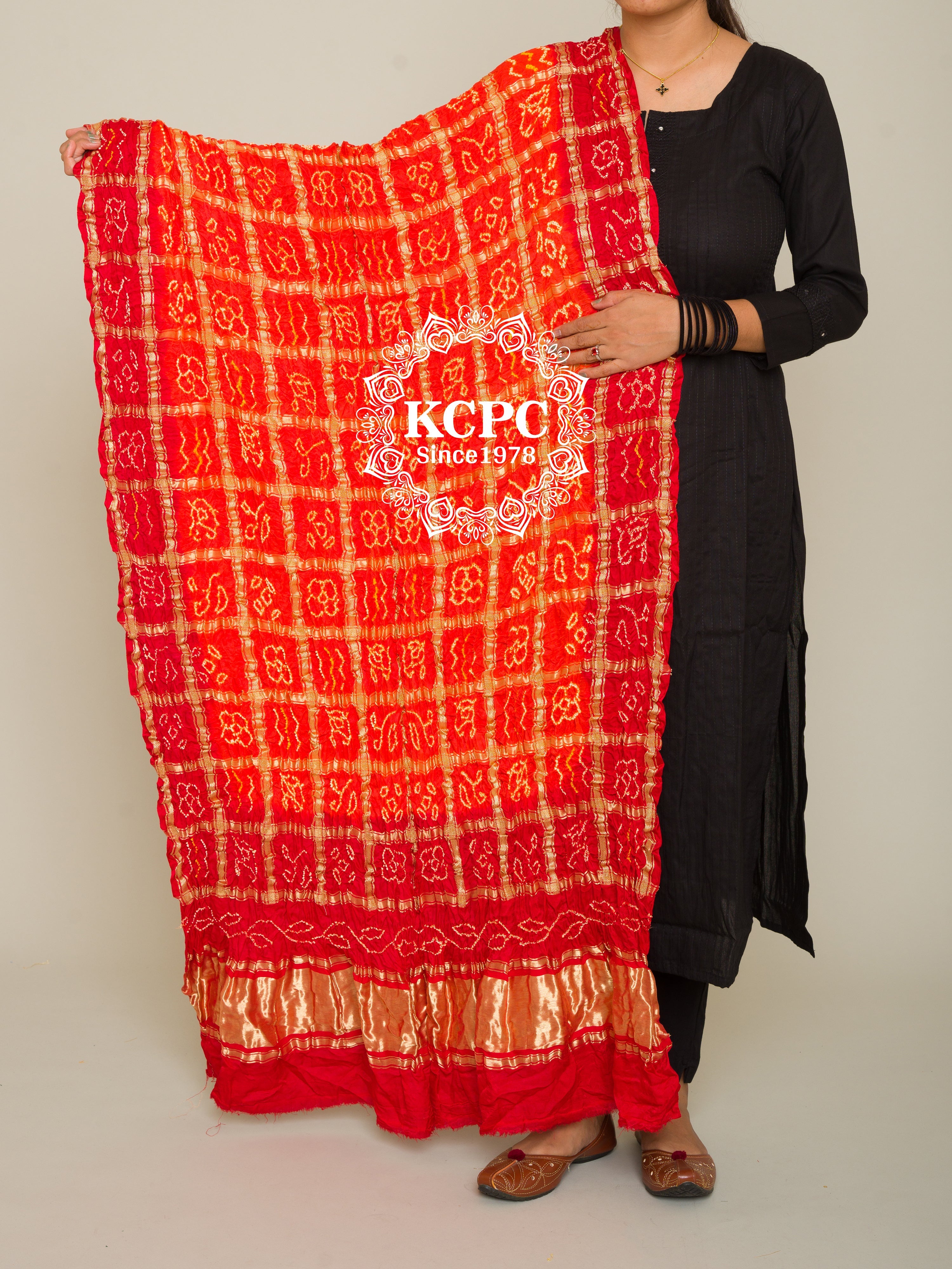 KcPc Pure Gazi Silk Bandhani Gaji Ghatchola Checks Dupatta Pila
