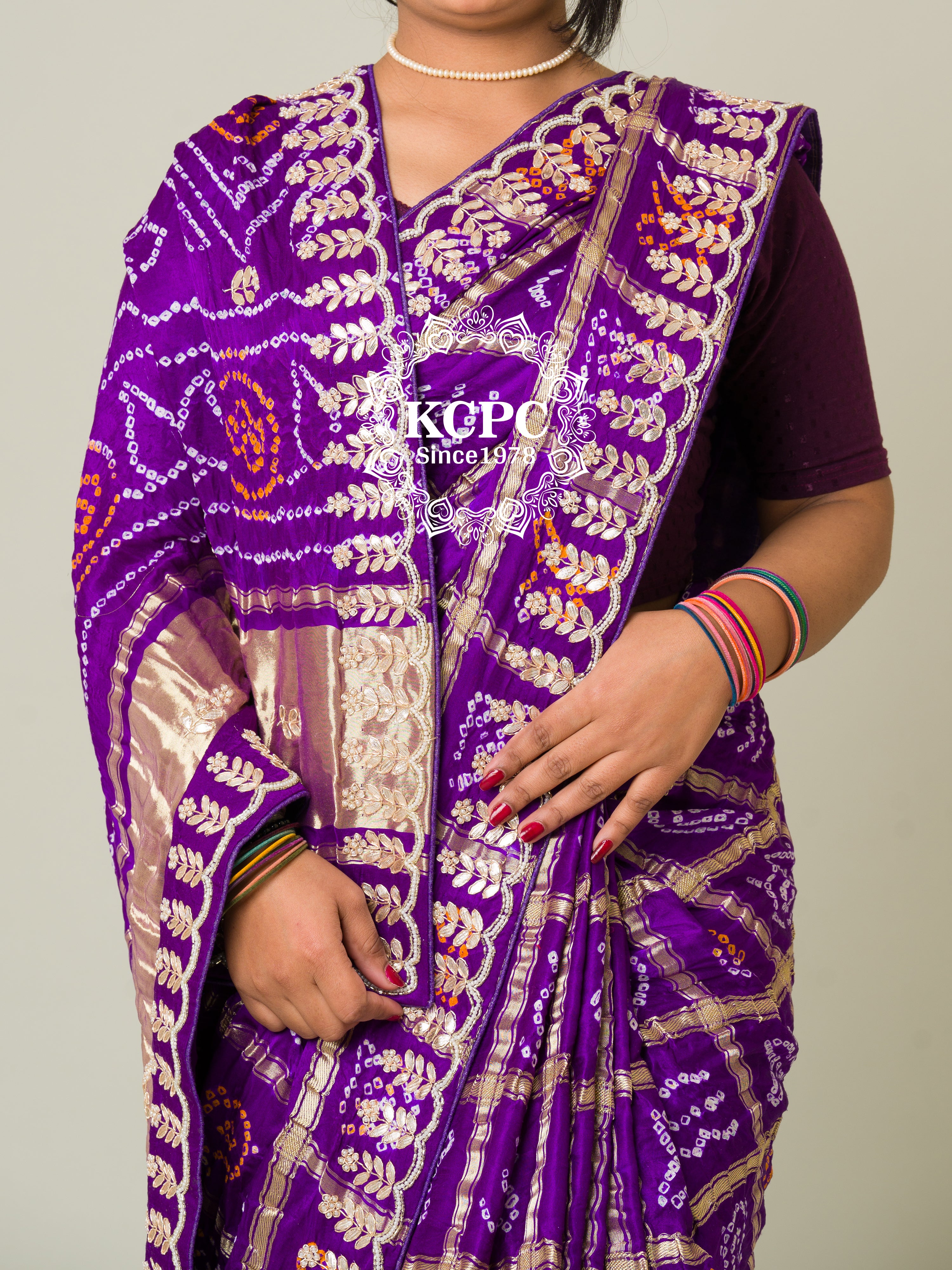 KcPc Pure Gaji Silk Bandhani Ghatchola Gotapatti Saree amt Purple